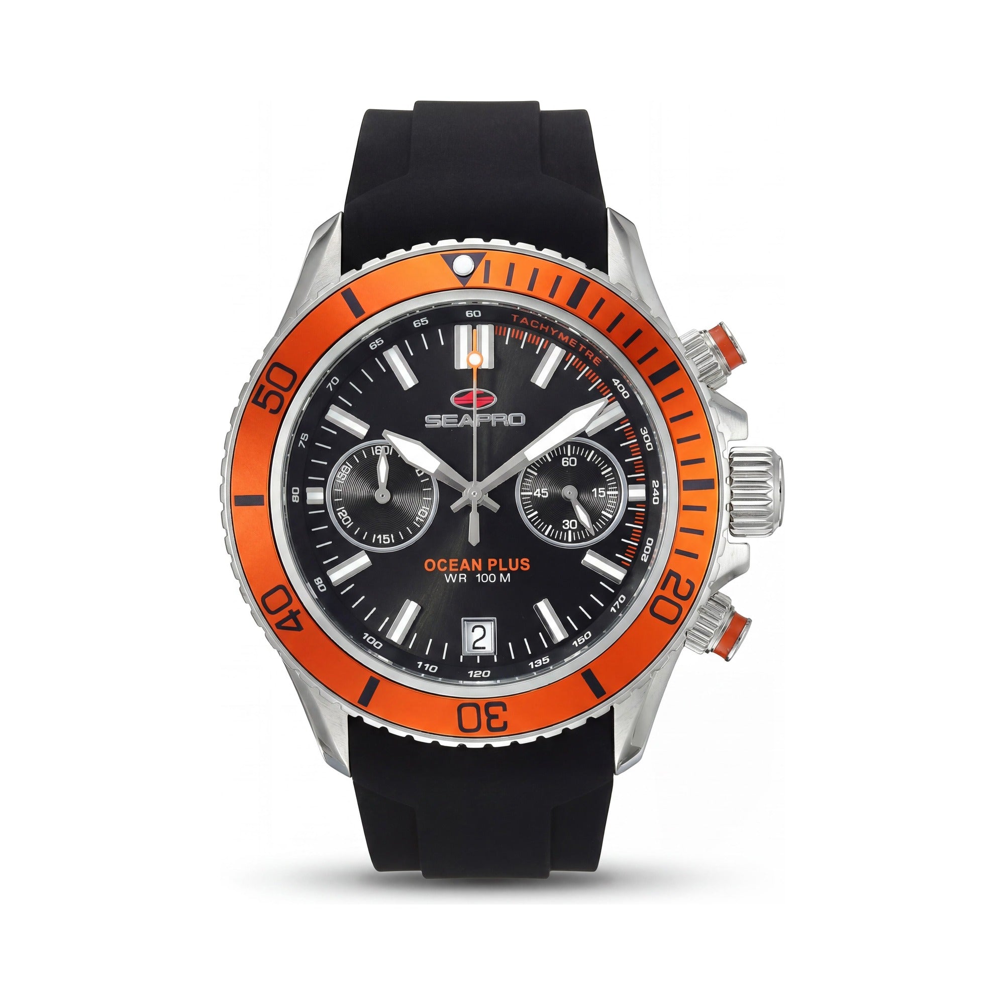 Reloj de cronógrafo negro Seapro de cuarzo para hombre con visualización de fecha, bisel giratorio, correa de silicona y caja de acero inoxidable, resistente al agua 100 m, Photo 1