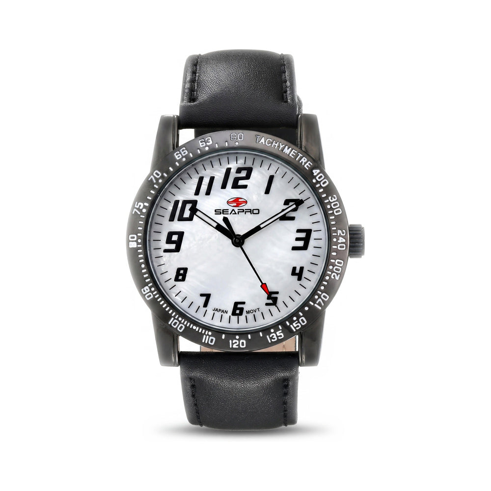 Reloj de vestir Seapro para mujer, caja de aleación de 38 mm, correa de piel negra, esfera de nácar blanco, resistente al agua.