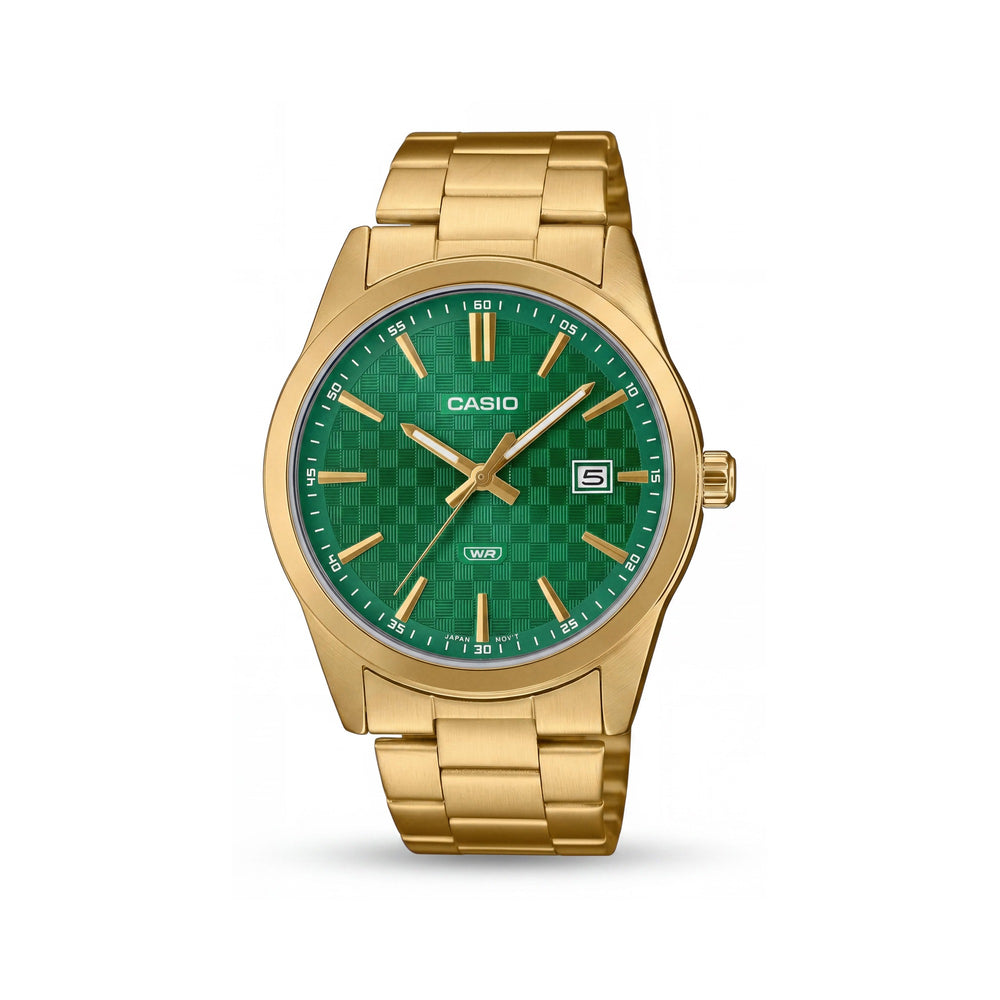 Casio MTP-VD03G-3A Unisex Analog Watch featuring Gold Green Frame, Date Display, and Water Resistant Design