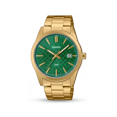 Reloj analógico unisex Casio con correa, marco verde dorado, indicador de fecha y diseño resistente al agua