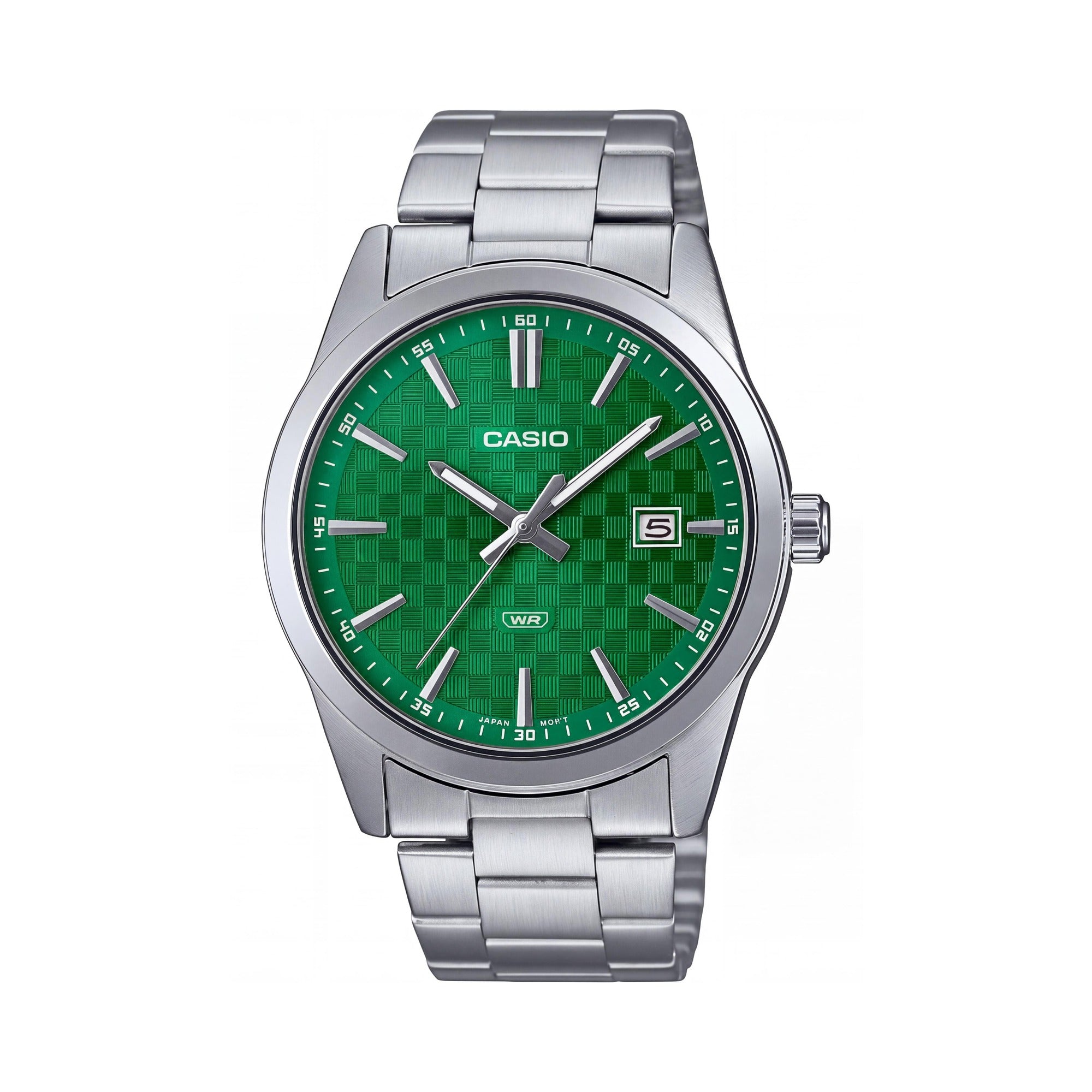Reloj Casio con Brazalete, Unisex, Acero Inoxidable, Resistente al Agua, Analógico, Fecha, Movimiento de Cuarzo Japonés, Plateado y Verde, Photo 1