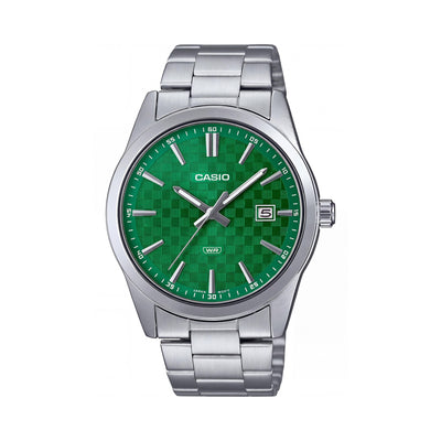 Reloj Casio con Brazalete, Unisex, Acero Inoxidable, Resistente al Agua, Analógico, Fecha, Movimiento de Cuarzo Japonés, Plateado y Verde