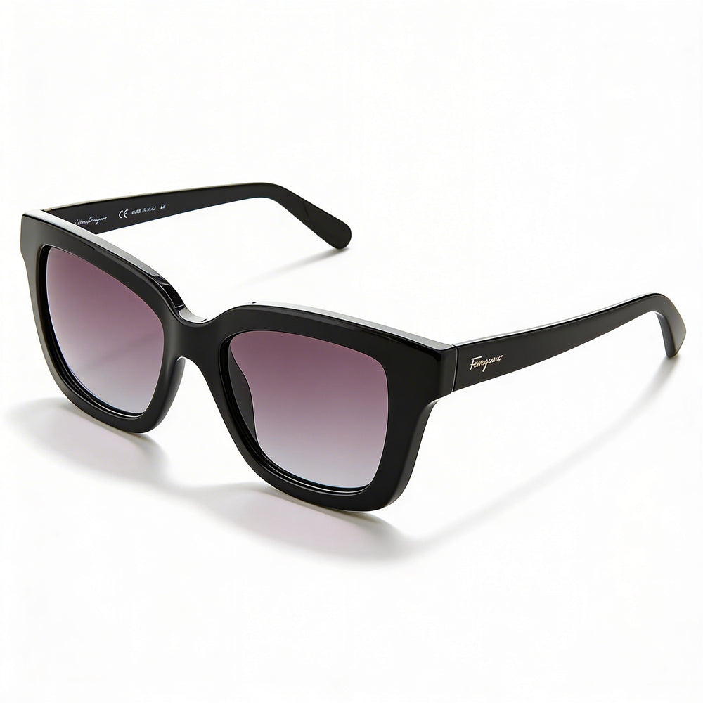 Gafas de sol cuadradas para mujer Ferragamo SF955S, montura de plástico negra y dorada, cristales grises degradados con 100 % de protección UV, 53 mm