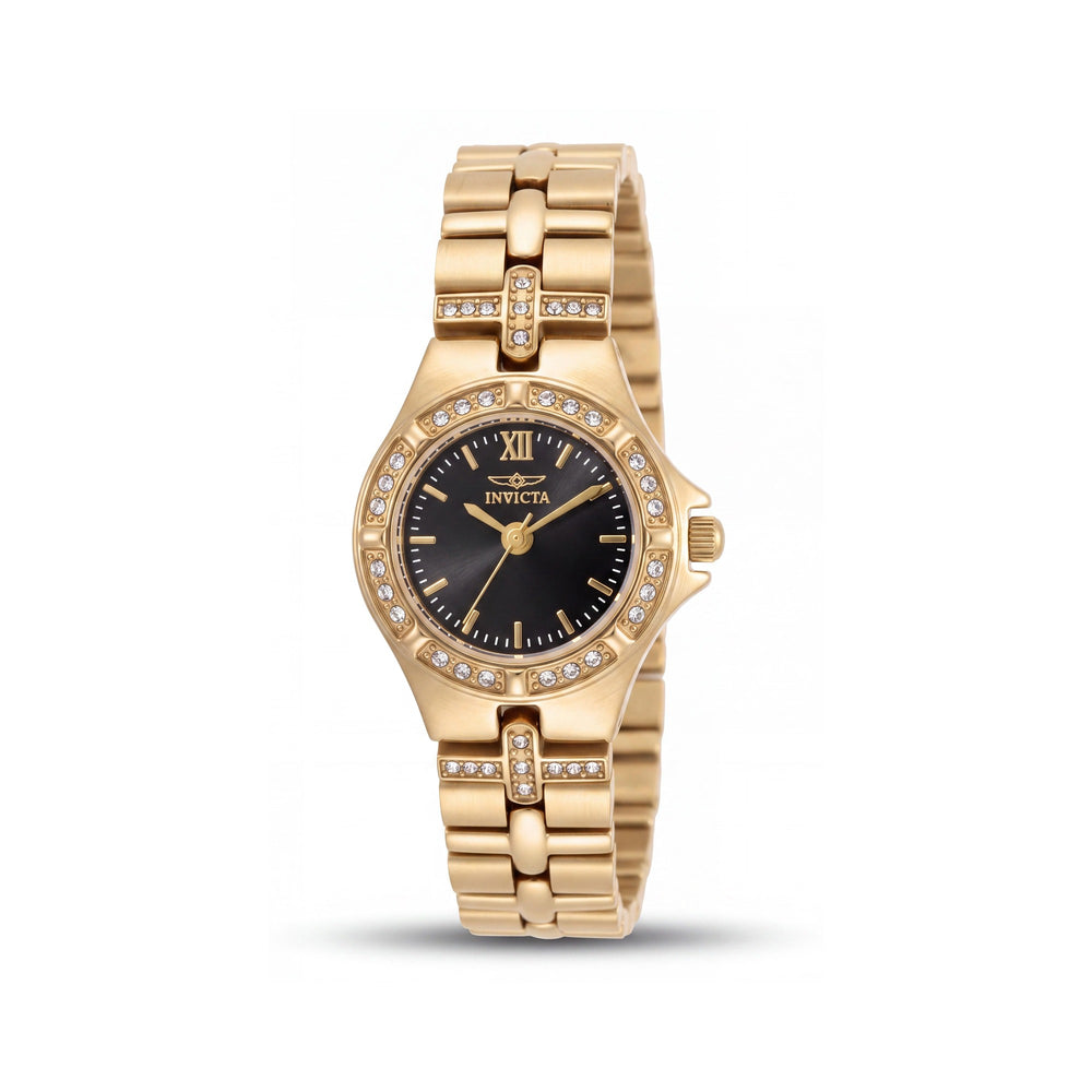 Reloj de cuarzo suizo Invicta Wildflower 17065 de acero inoxidable chapado en iones de oro de 21 mm con esfera negra para mujer