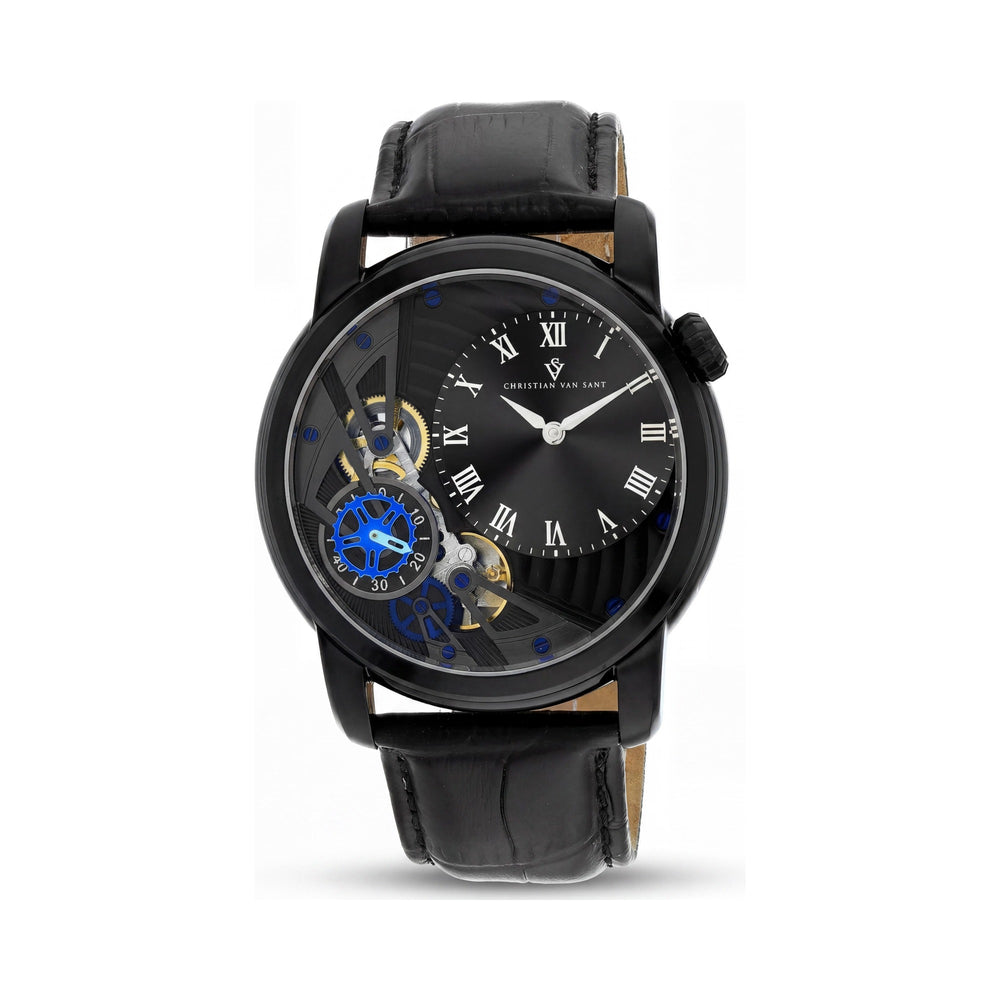 Reloj Christian Van Sant para hombre, con movimiento de cuarzo, caja de acero inoxidable negro, correa de cuero y resistente al agua.