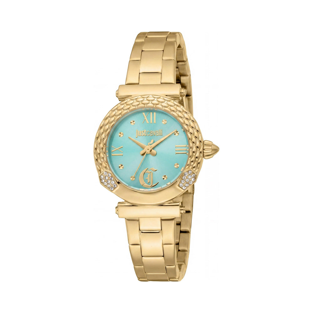 Reloj Just Cavalli Fashion para mujer, acero inoxidable, oro amarillo, esfera turquesa, resistente al agua, 30 mm