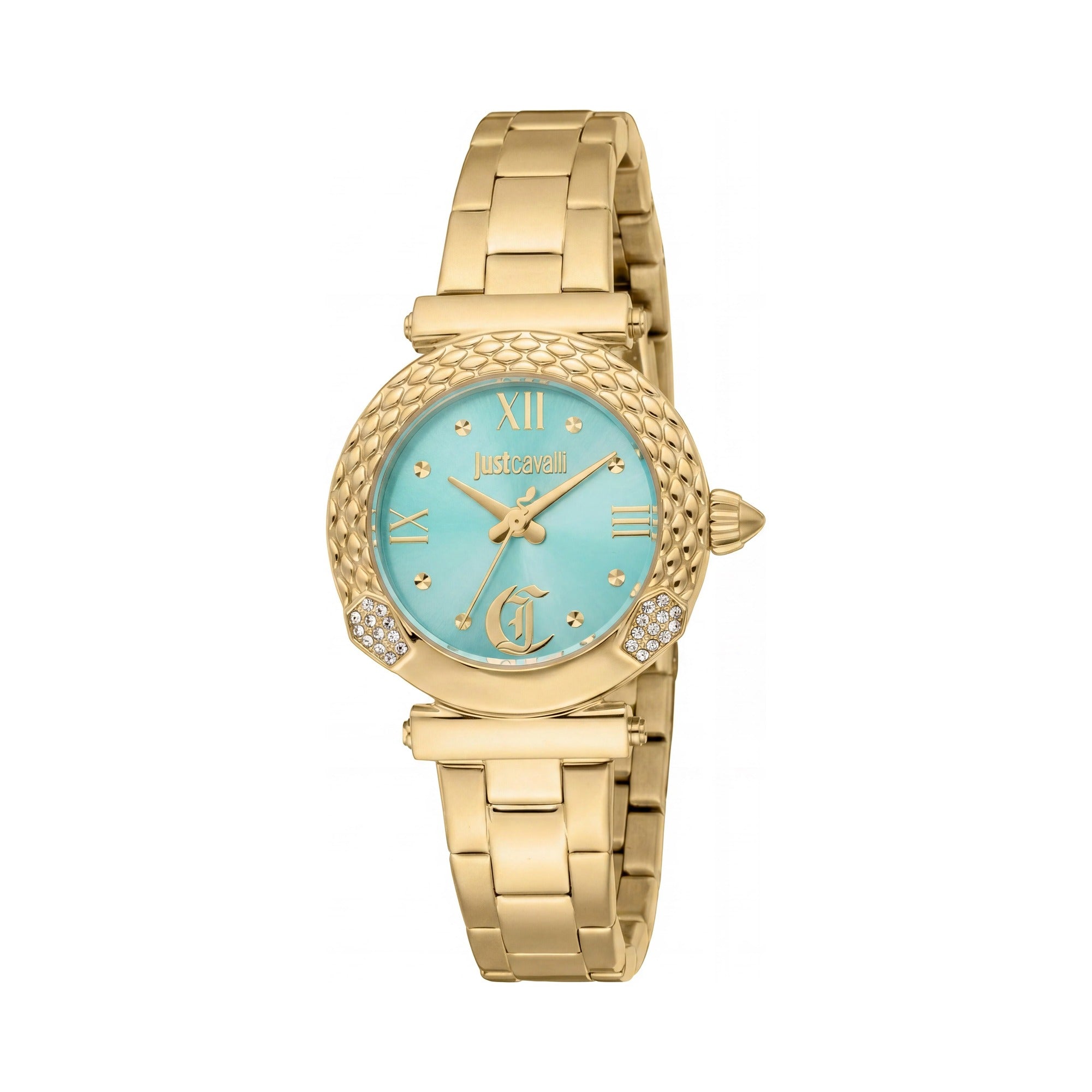 Reloj Just Cavalli Fashion para mujer, acero inoxidable, oro amarillo, esfera turquesa, resistente al agua, 30 mm, Photo 1