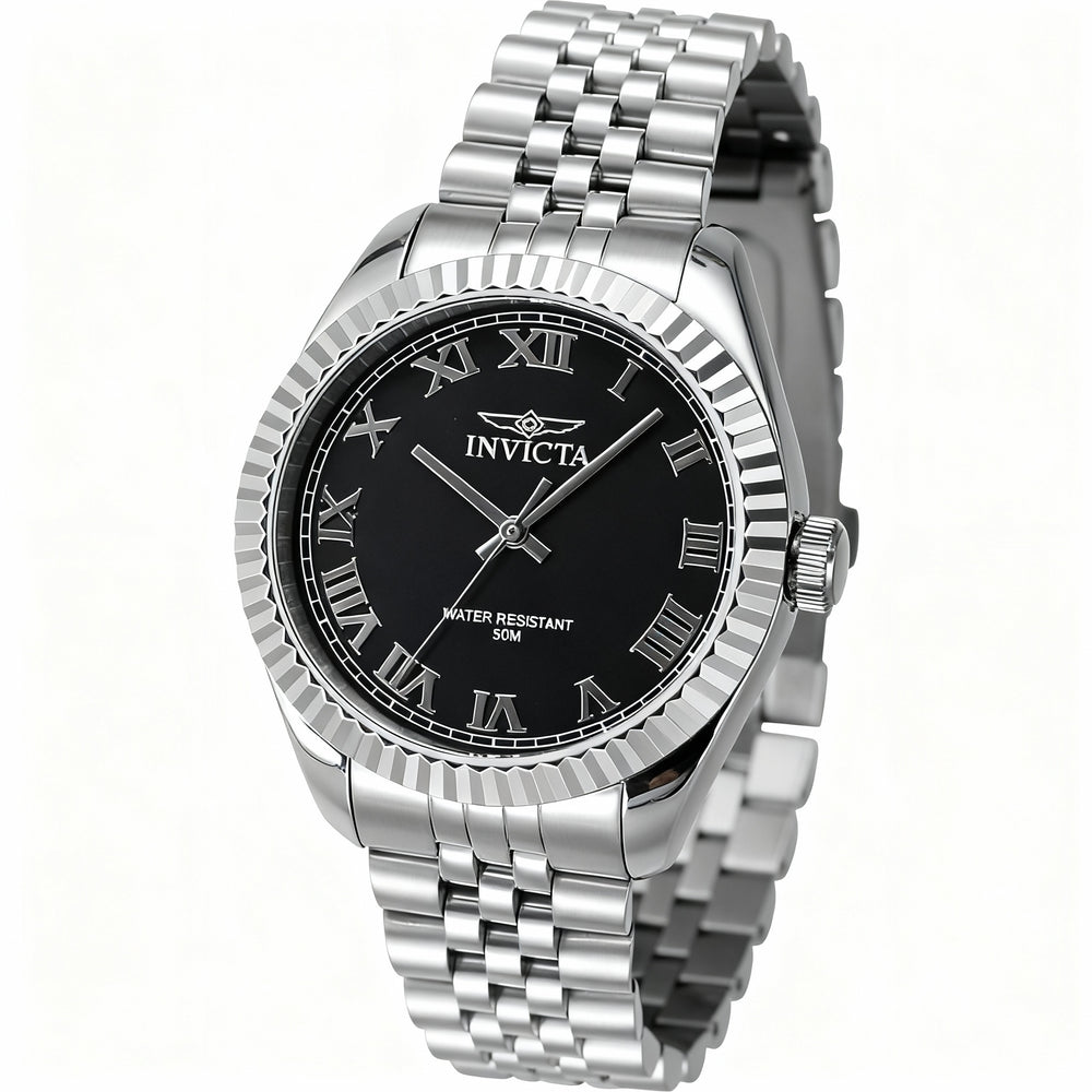 Reloj Invicta Specialty 47408 unisex de acero inoxidable plateado con esfera negra y pulsera resistente al agua de 36 mm.