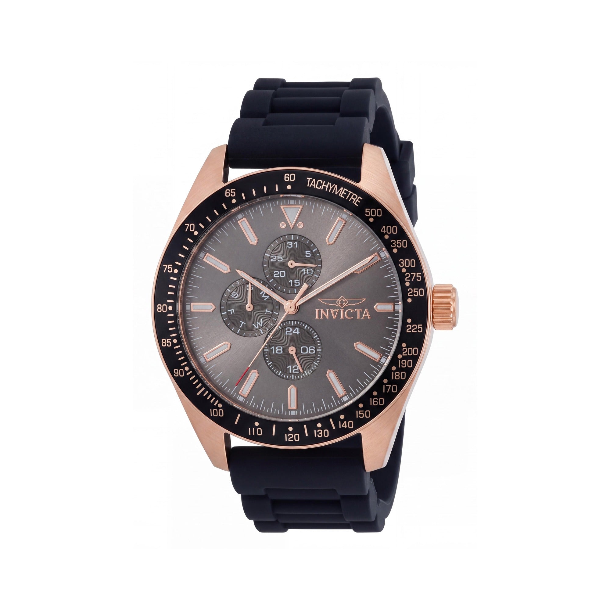 Invicta Japanese Unisex Rose Gold Stainless Steel Case Black Dial Black Silicone Band 45mm Quartz Glow In The Dark Watch, Photo 1