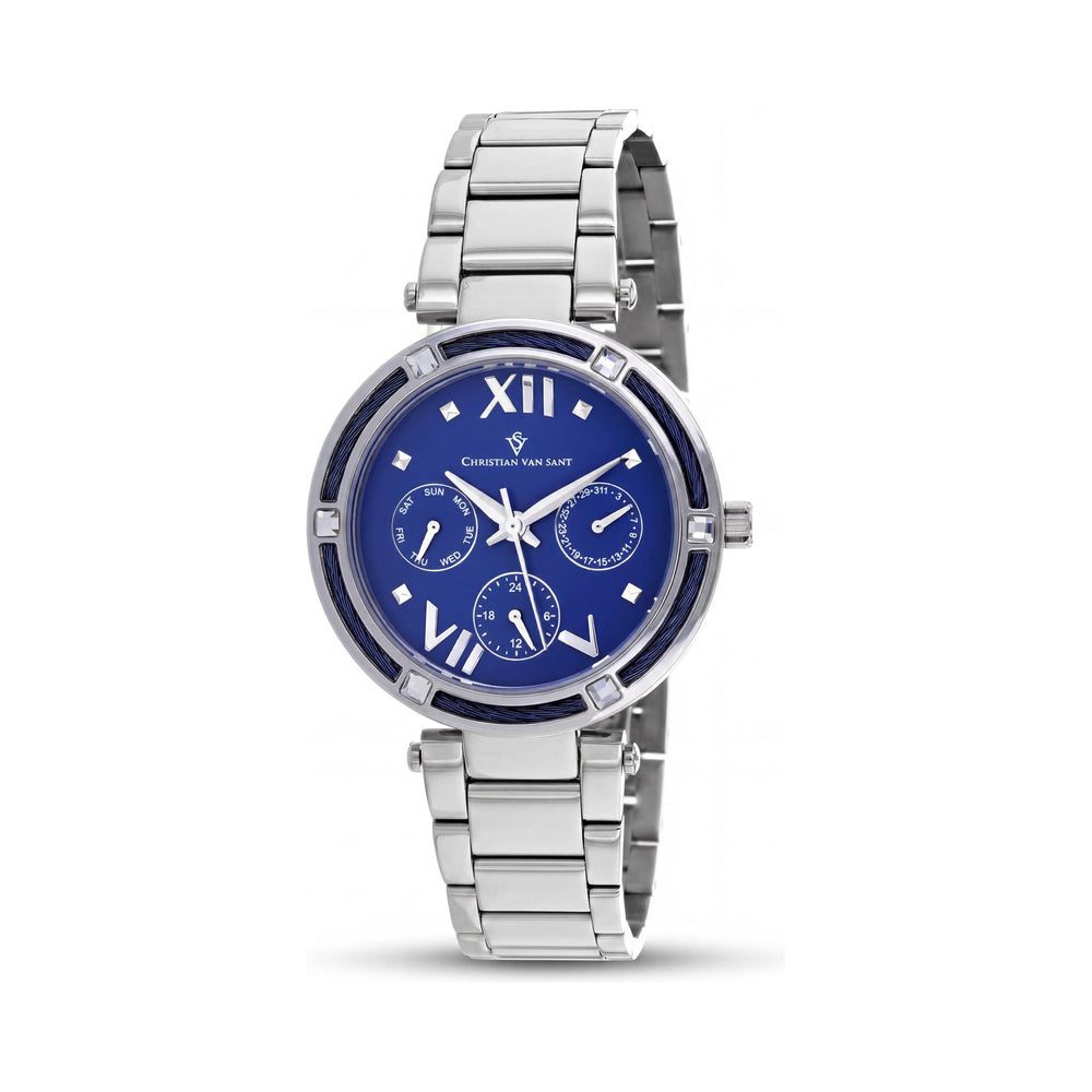 Reloj de pulsera Christian Van Sant para mujer, caja de acero inoxidable, brazalete de acero inoxidable, esfera azul, cronógrafo, movimiento de cuarzo