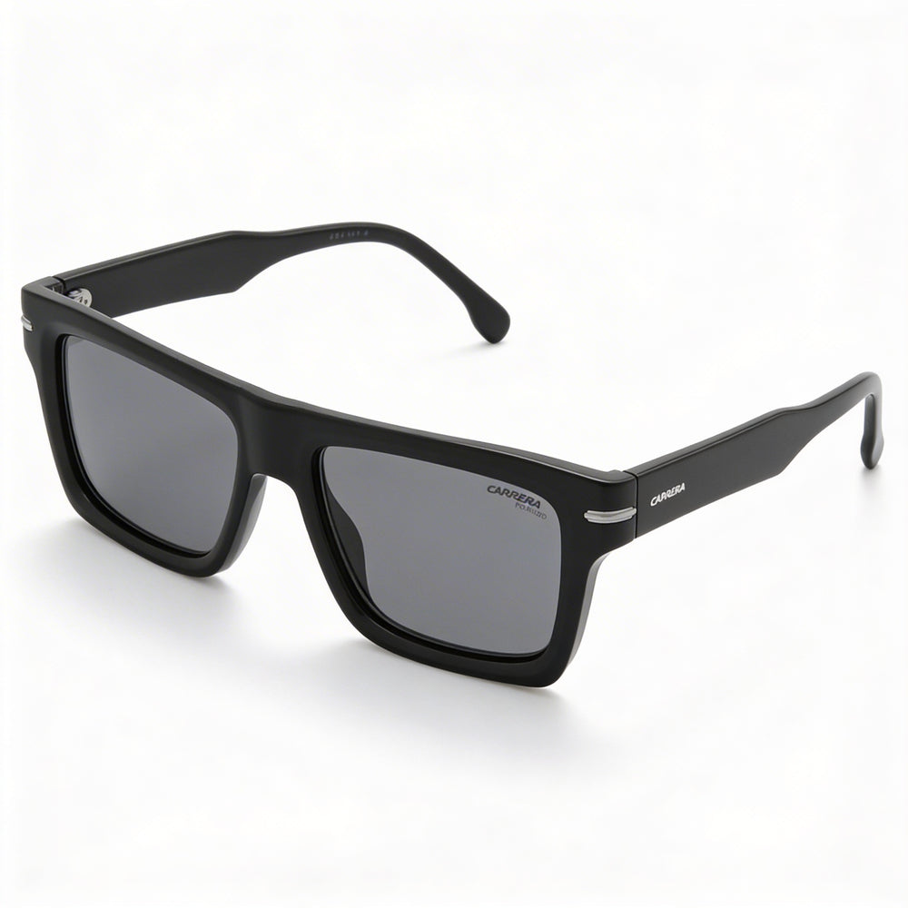 Gafas de sol rectangulares clásicas unisex Carrera con montura de plástico negro y lentes polarizadas grises de 54 mm
