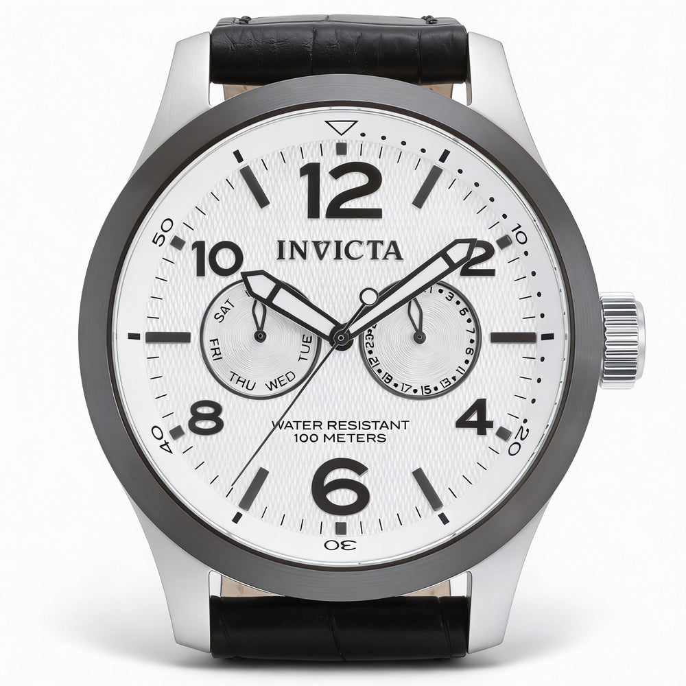 Invicta Casual Men's Black Silver Stainless Steel Leather Strap Watch, 100M Water Resistant, Arabic Numerals, Glow In The Dark