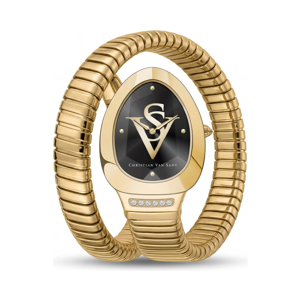Reloj Christian Van Sant para mujer, con pulsera y caja de acero inoxidable, esfera negra, cuarzo, resistente al agua hasta 3 ATM.