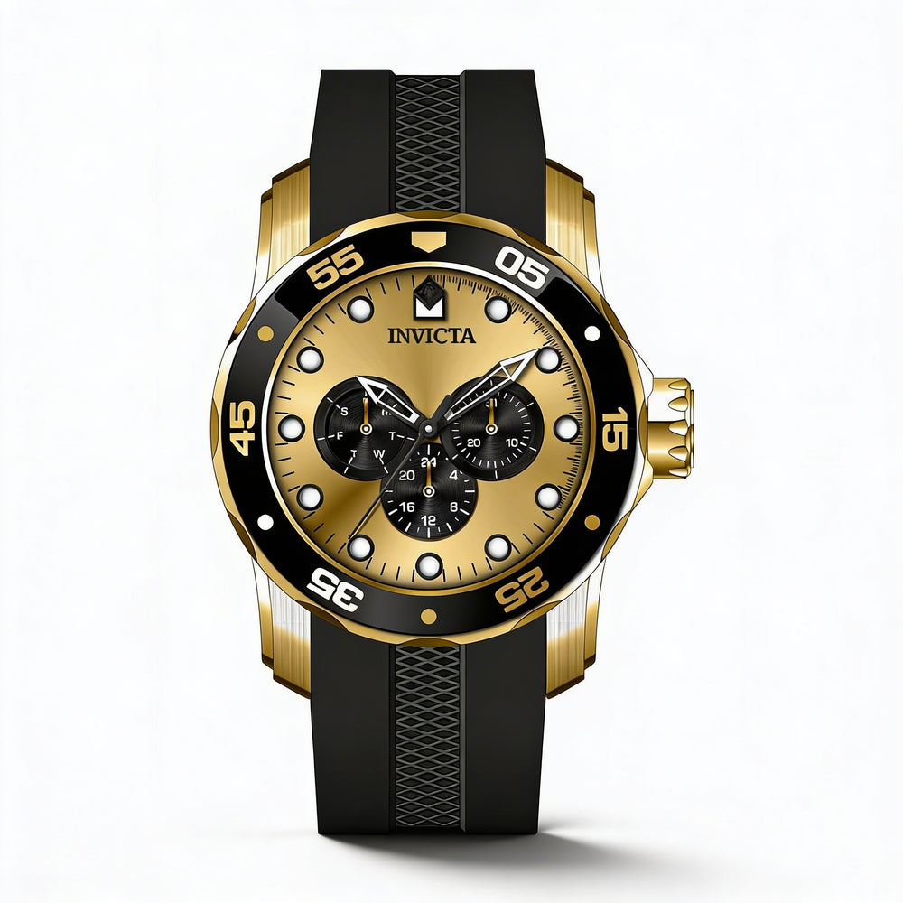 Invicta Pro Diver IN-45719-AMZUK Unisex Gold Stainless Steel Stop Watch Black Silicone Band 48mm