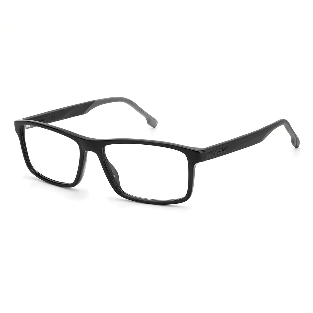 Gafas graduadas unisex Carrera 8865 con logotipo metálico distintivo, montura de plástico negra y lentes de 55 mm de ancho.