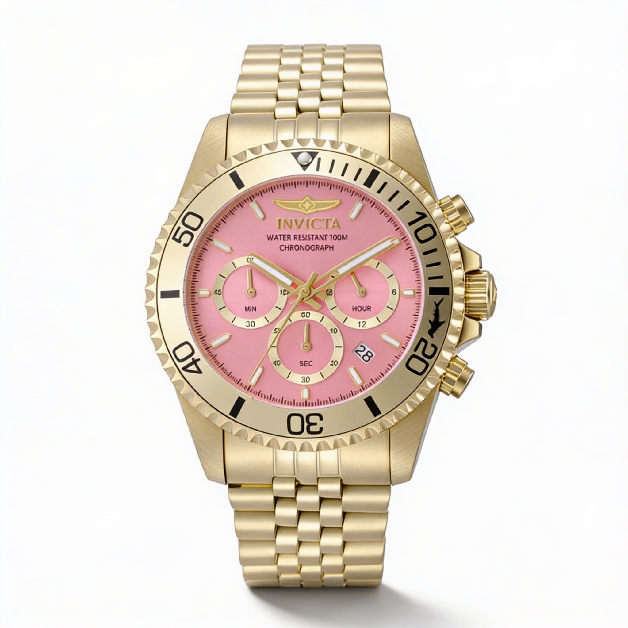 Invicta Pro Diver 49836 Unisex Quartz Chronograph Watch, Gold Case, Pink Dial, Stainless Steel Bracelet, 43mm, Photo 1
