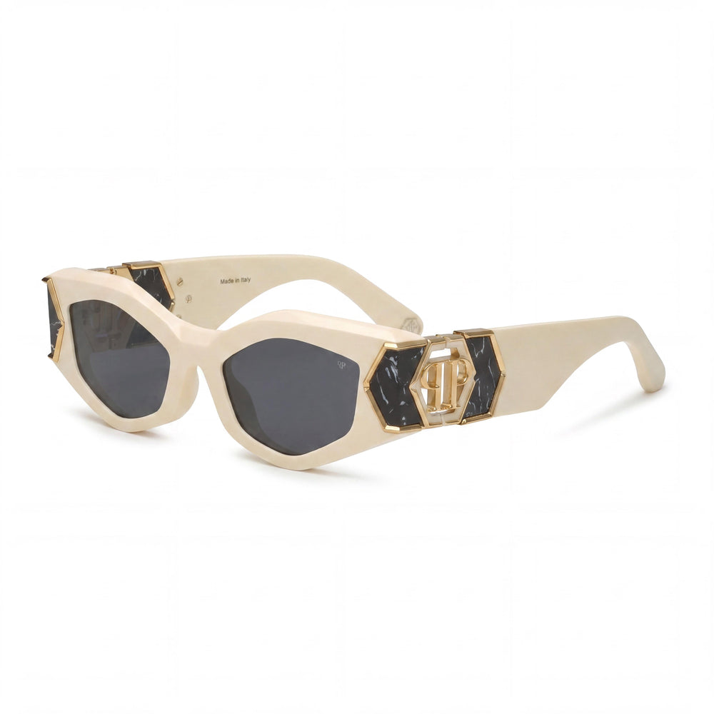 Philipp Plein Spp136m Unisex Acetate Frame Sunglasses with Beige Frame and Smoke Lenses, 52mm Lens Width