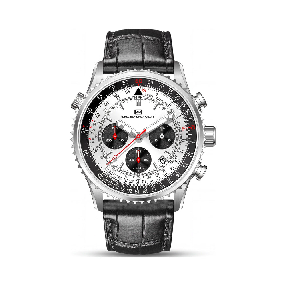 Reloj cronógrafo de cuarzo de acero inoxidable para hombre con correa Oceanaut, esfera plateada, correa de piel, resistente al agua 10 ATM