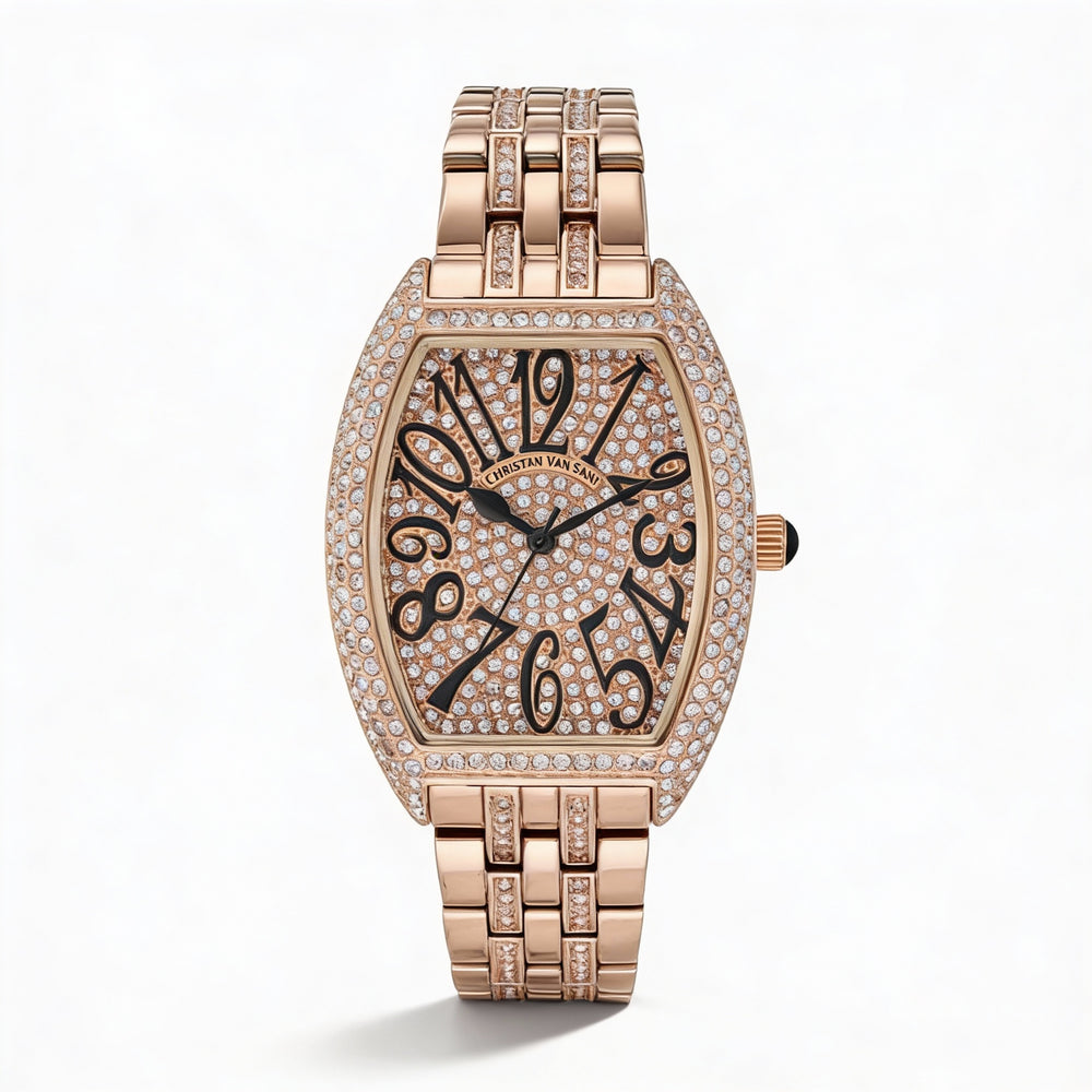 Reloj de cuarzo para mujer de Christian Van Sant, caja rosa, esfera de oro rosa, bisel con cristales y pulsera de acero inoxidable.