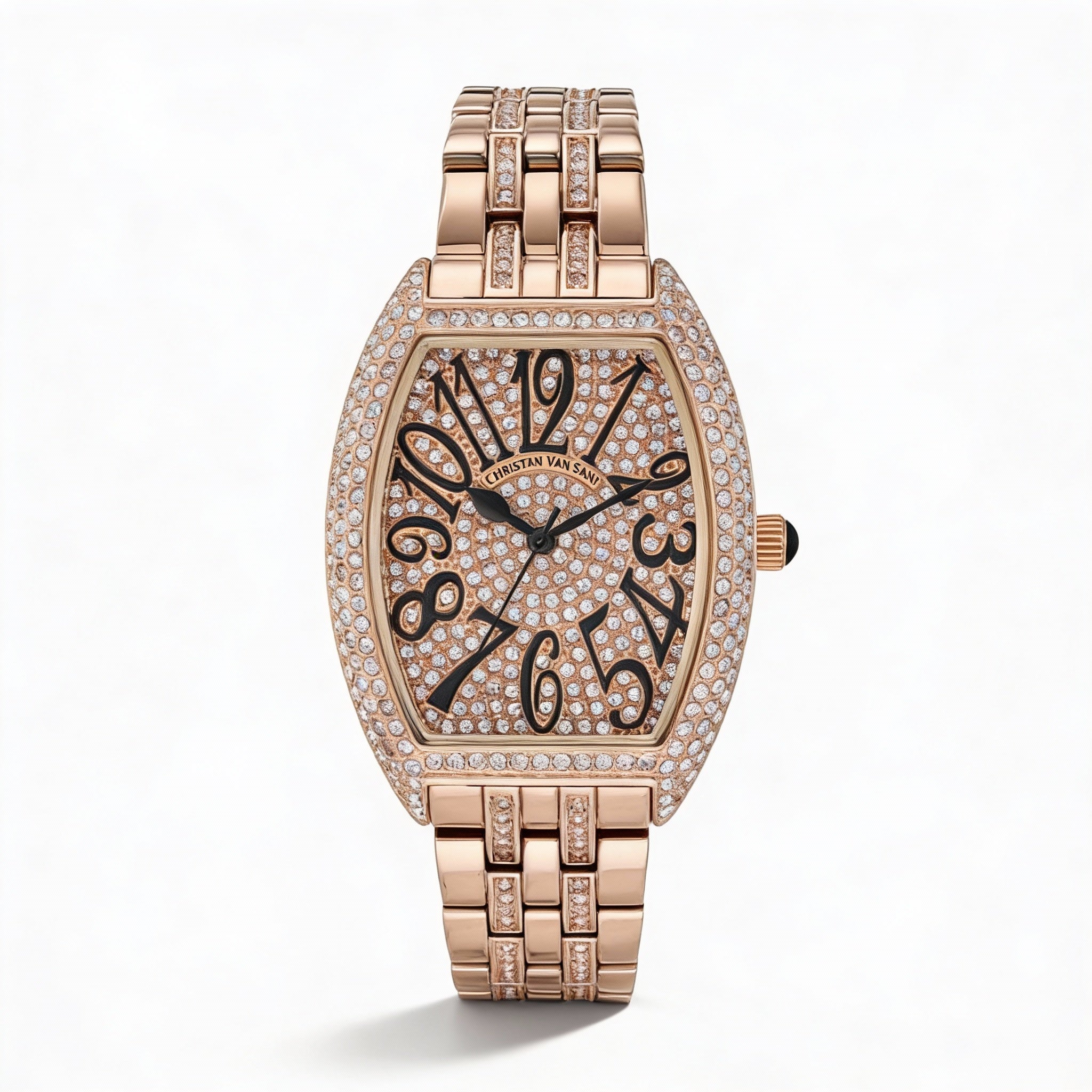 Reloj de cuarzo para mujer de Christian Van Sant, caja rosa, esfera de oro rosa, bisel con cristales y pulsera de acero inoxidable., Photo 1