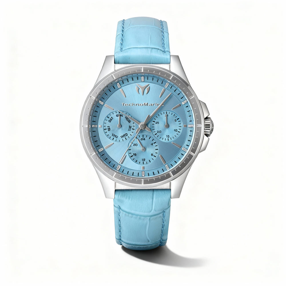 Reloj cronómetro de cuarzo Technomarine MoonSun TM-822057 para mujer, 36 mm, acero inoxidable plateado, esfera azul