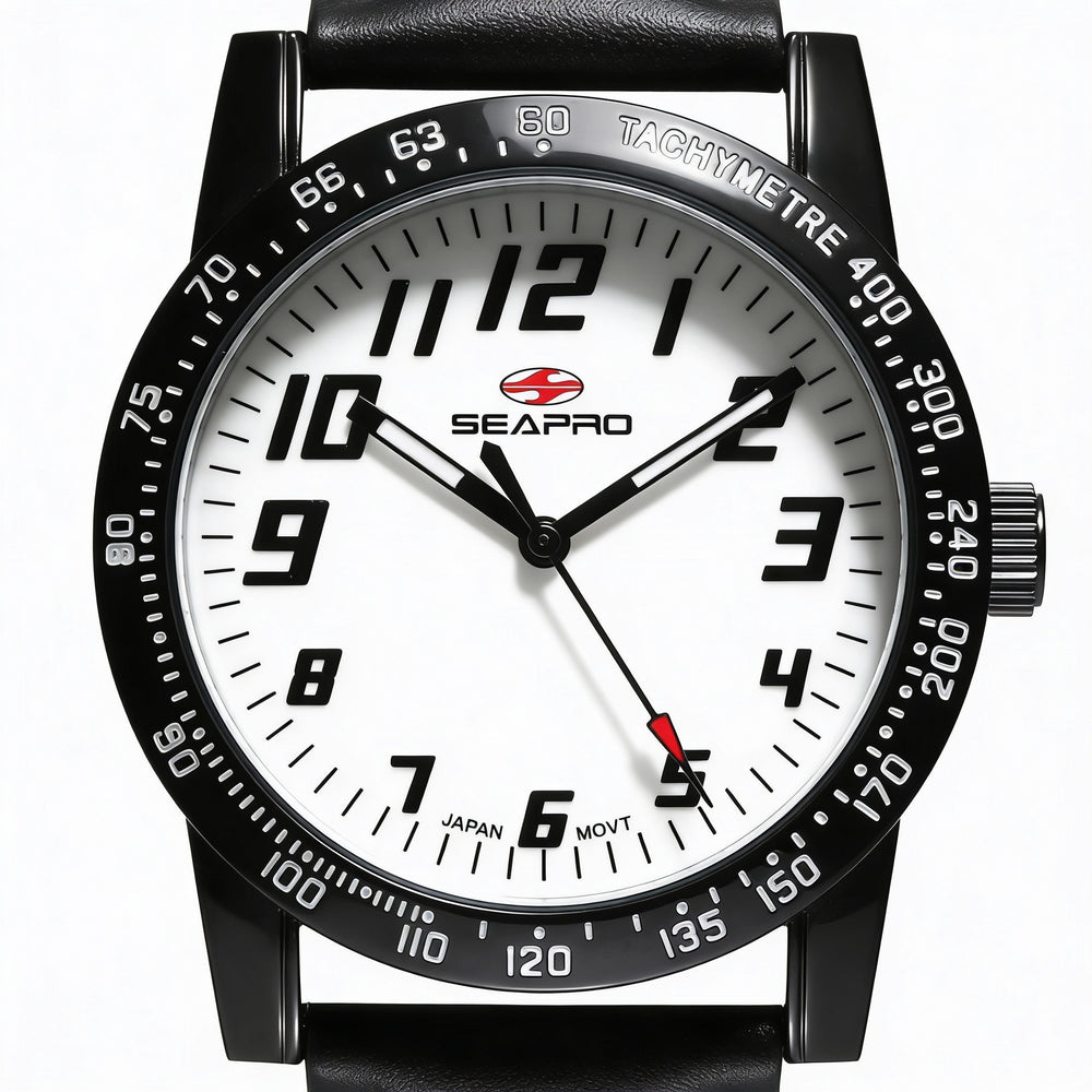 Reloj de vestir Seapro para mujer, caja de aleación de 38 mm, correa de piel negra, esfera de nácar blanco, resistente al agua.