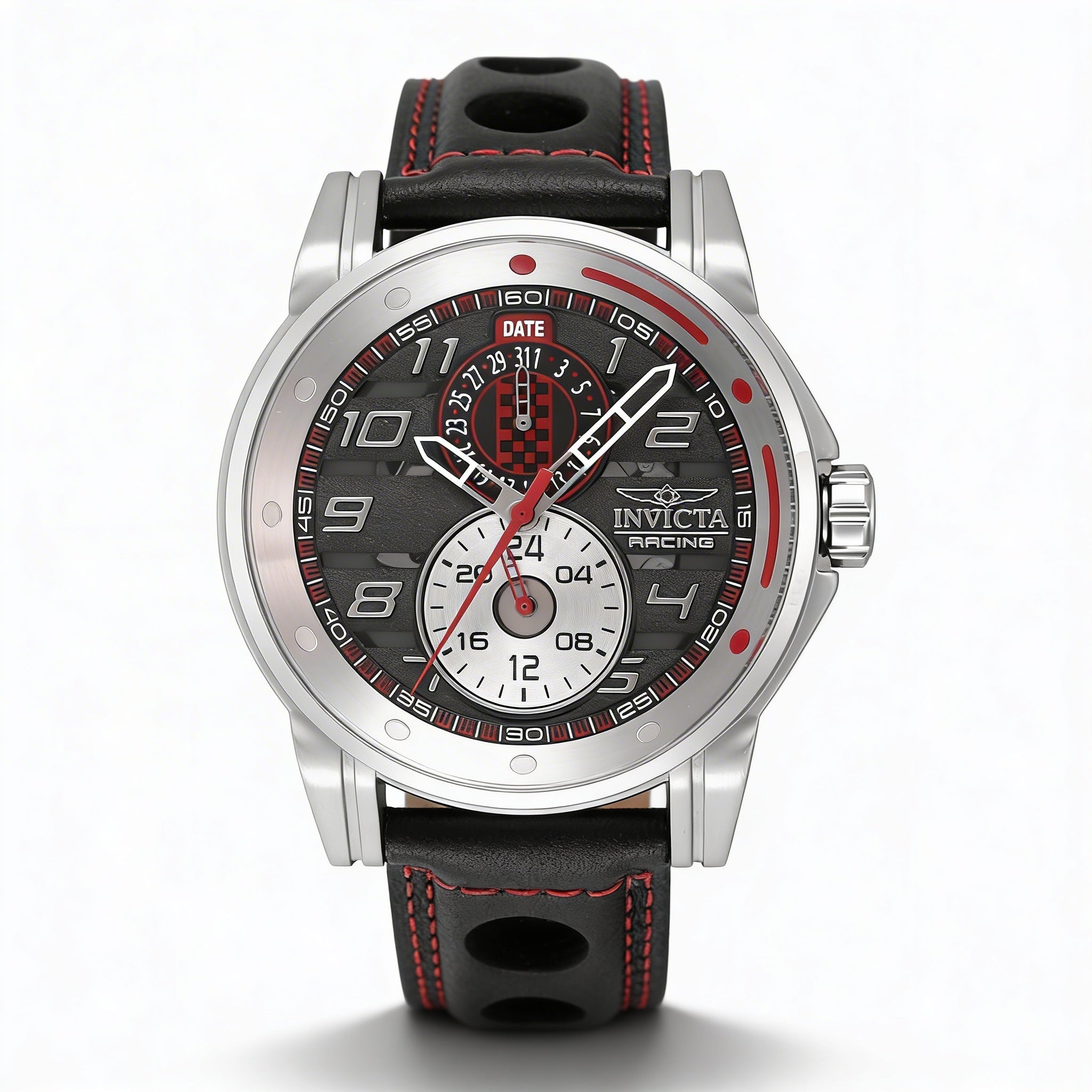 Reloj Invicta Racing 47533 para hombre, de acero inoxidable, piel, resistente al agua, esfera negra, plateada y roja, 46 mm, Photo 1
