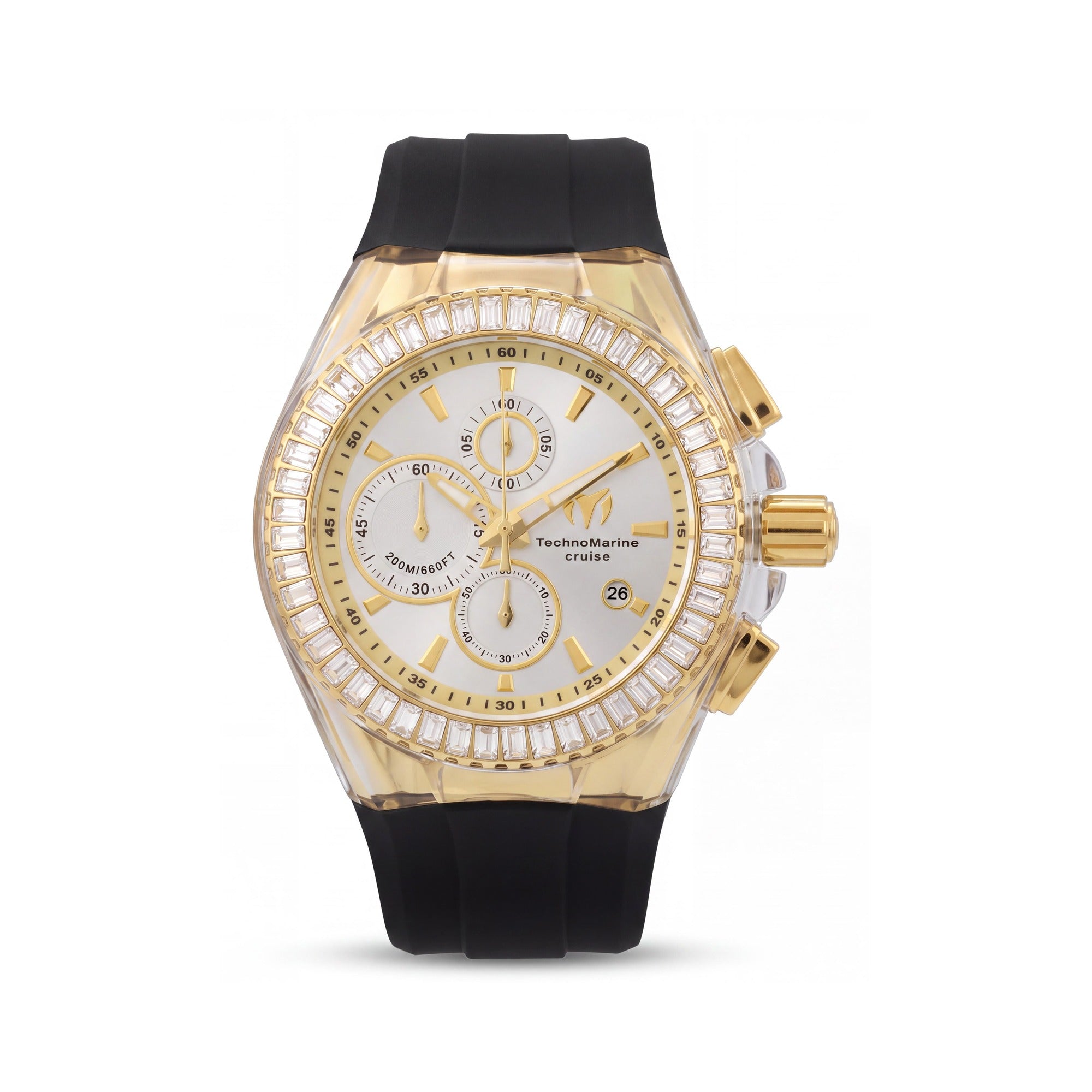 Reloj de cronógrafo moderno Technomarine para hombre, caja en tono dorado, correa de silicona negra, 200 m de resistencia al agua, 45 mm, Photo 1