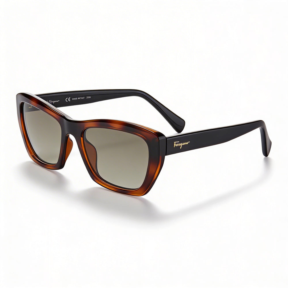 Gafas de sol de mujer Ferragamo Sf958s 214 de carey inyectado, tipo ojo de gato, protección UV, lente marrón de 55 mm