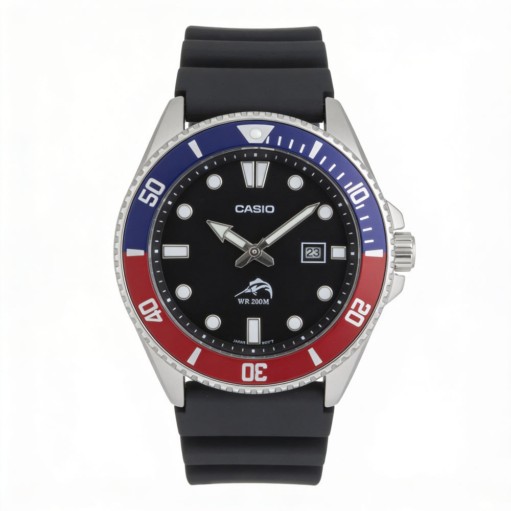 Casio Men's Diver Quartz Watch, Black Red Bezel, Stainless Steel Case, Black Resin Band, 200m Water Resistant