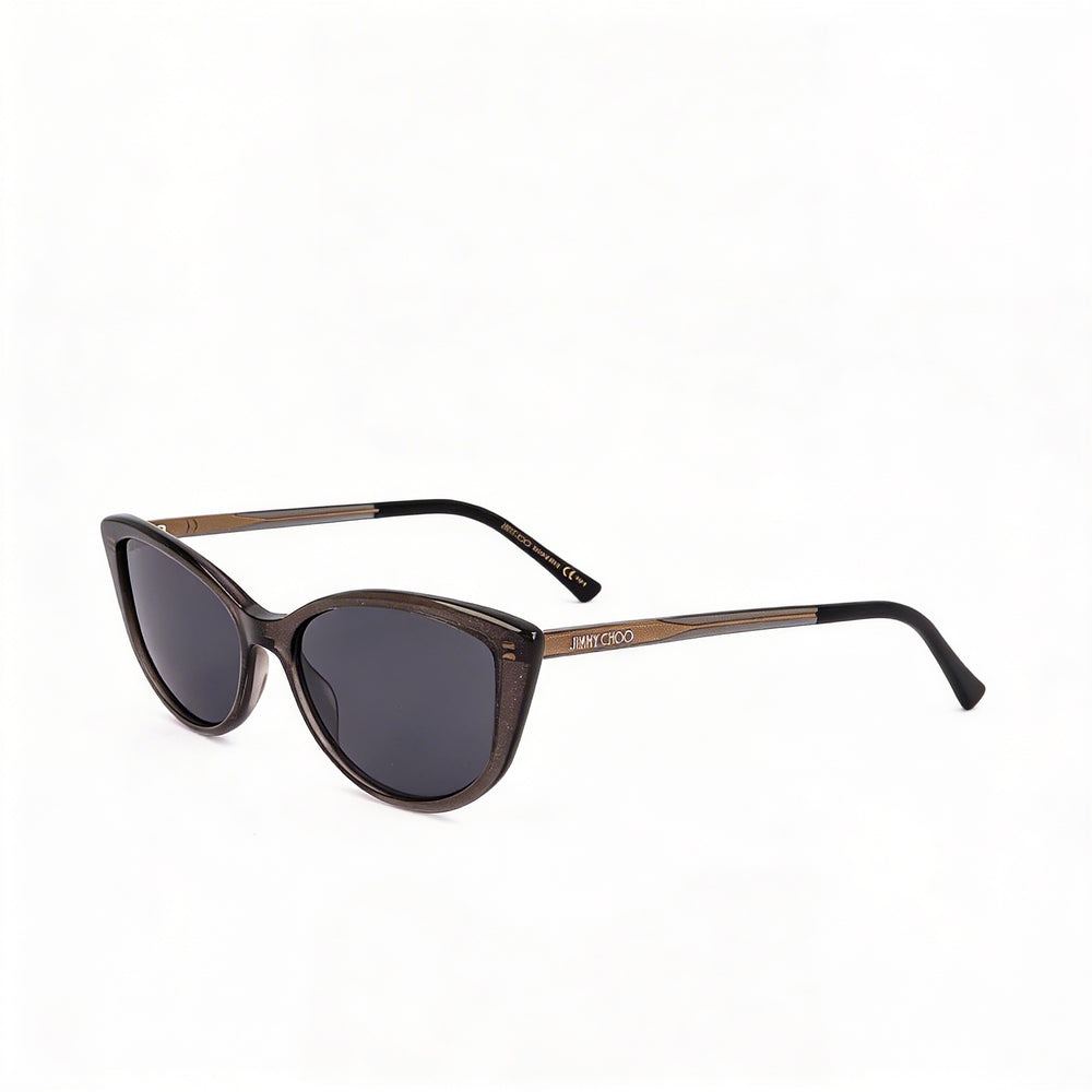 JIMMY CHOO Gafas de Sol de Mujer Cat Eye, Montura de Plástico Gris con Purpurina, Lentes Grises con Purpurina, 100% Protección UV, 56mm