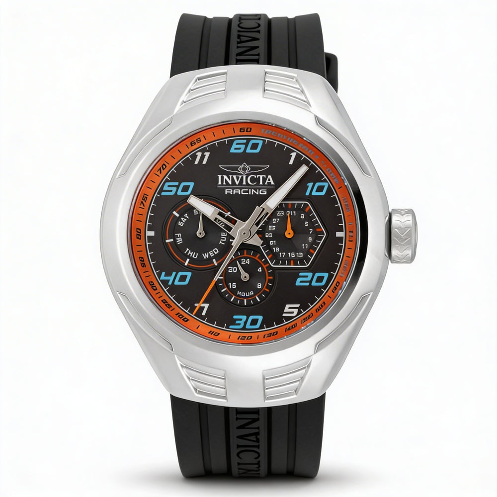 Invicta Racing 47725 Men's Chronograph Quartz Wrist Watch with Silver Case, Black Dial, and Silicone Strap, 46mm