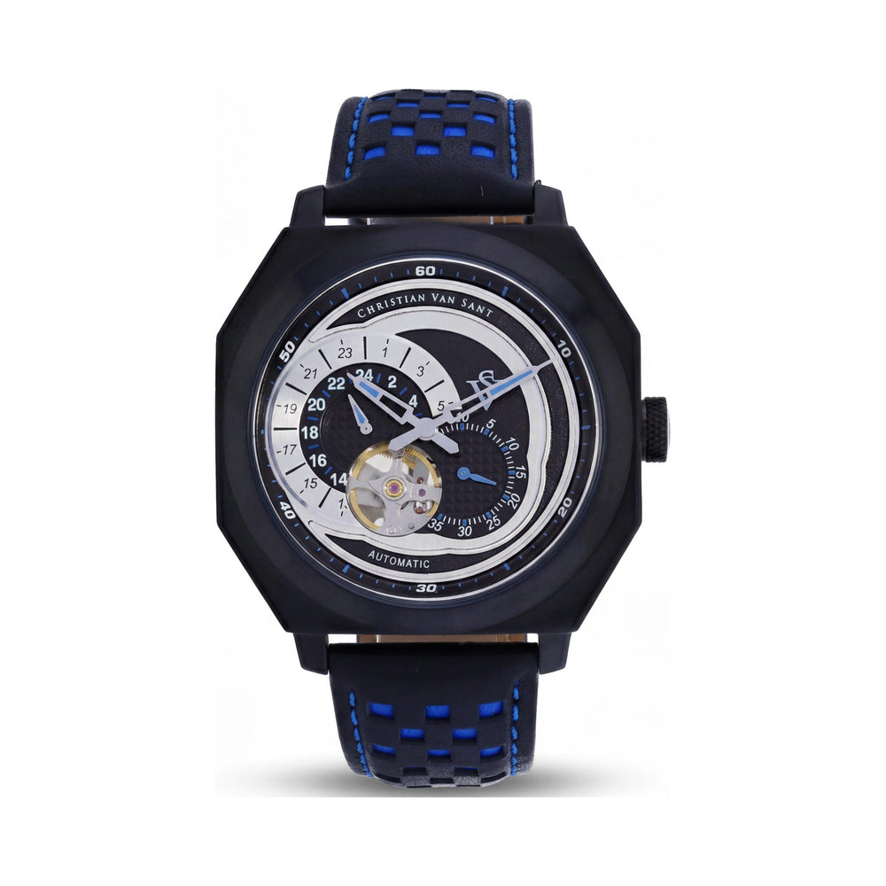 Christian Van Sant Modern Men's Automatic Multifunction Watch with Black Case, Black Dial, Scratch-Resistant Mineral Crystal