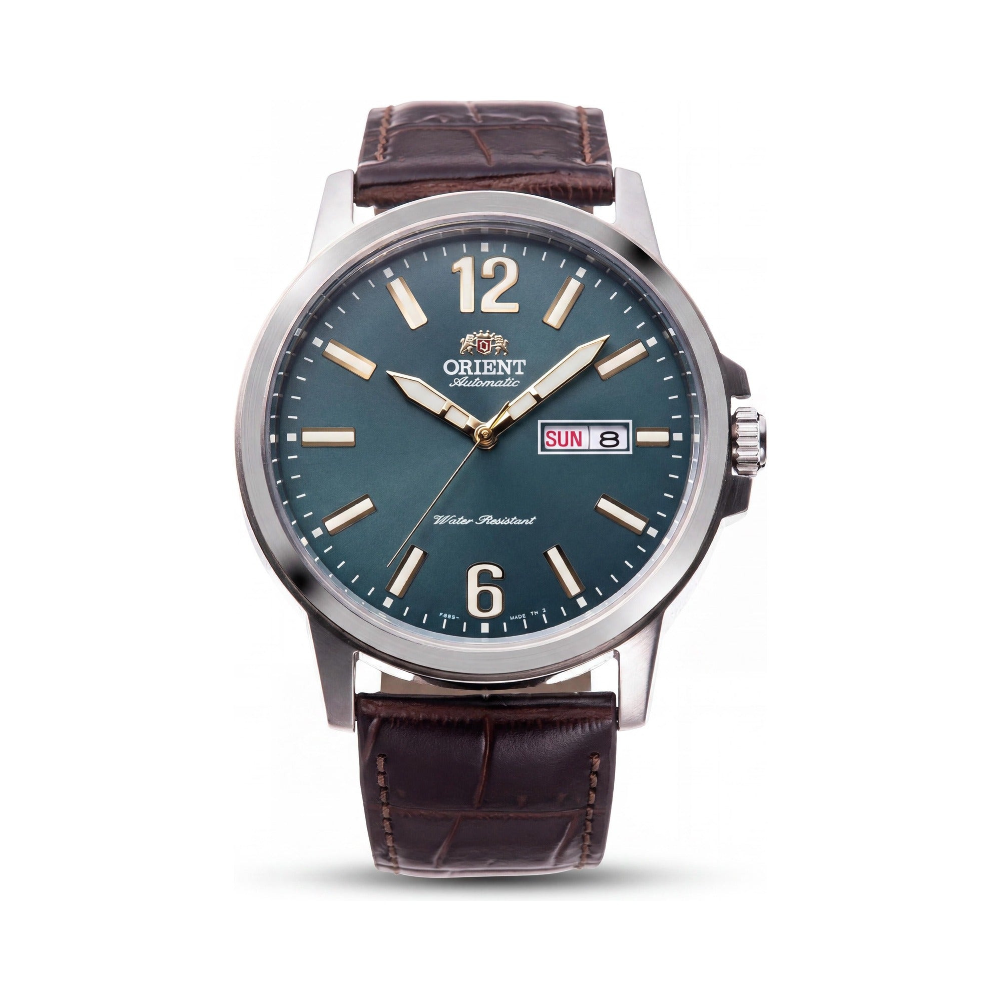 Reloj mecánico Orient Casual para hombre, esfera verde, caja de acero inoxidable, correa de cuero marrón, 42 mm, resistente al agua, Photo 1