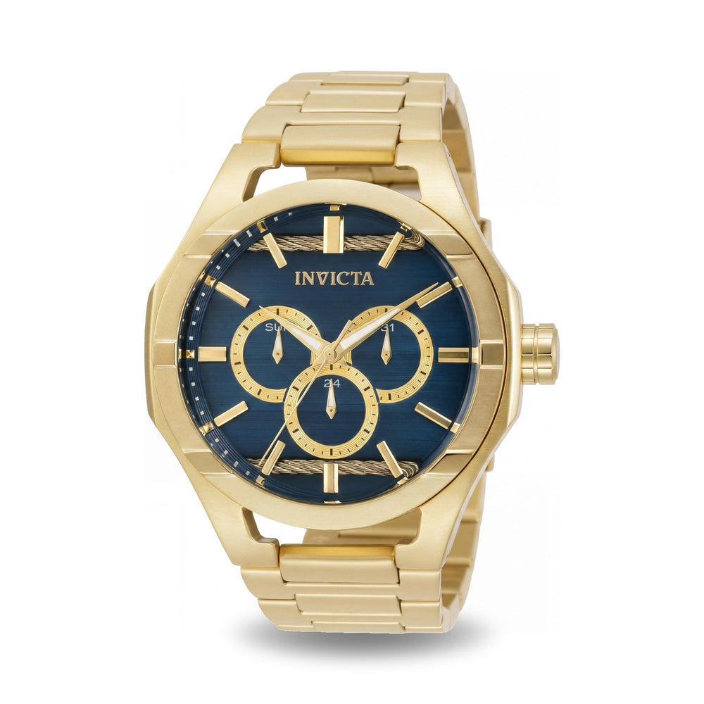 Reloj Invicta para hombre, de acero inoxidable en tono dorado, esfera azul, resistente al agua, día, fecha, 24 horas, 48 ​​mm