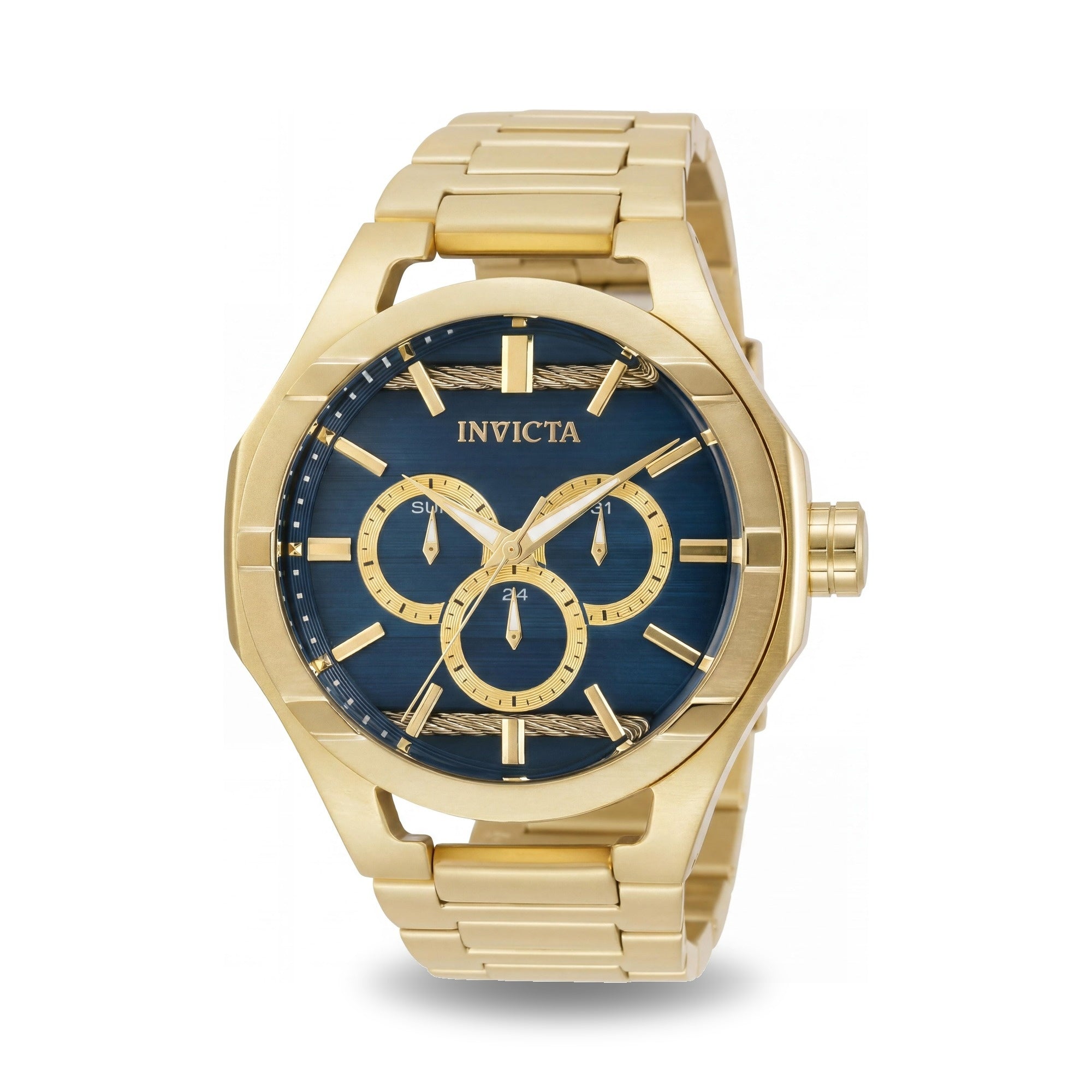 Reloj Invicta para hombre, de acero inoxidable en tono dorado, esfera azul, resistente al agua, día, fecha, 24 horas, 48 ​​mm, Photo 1
