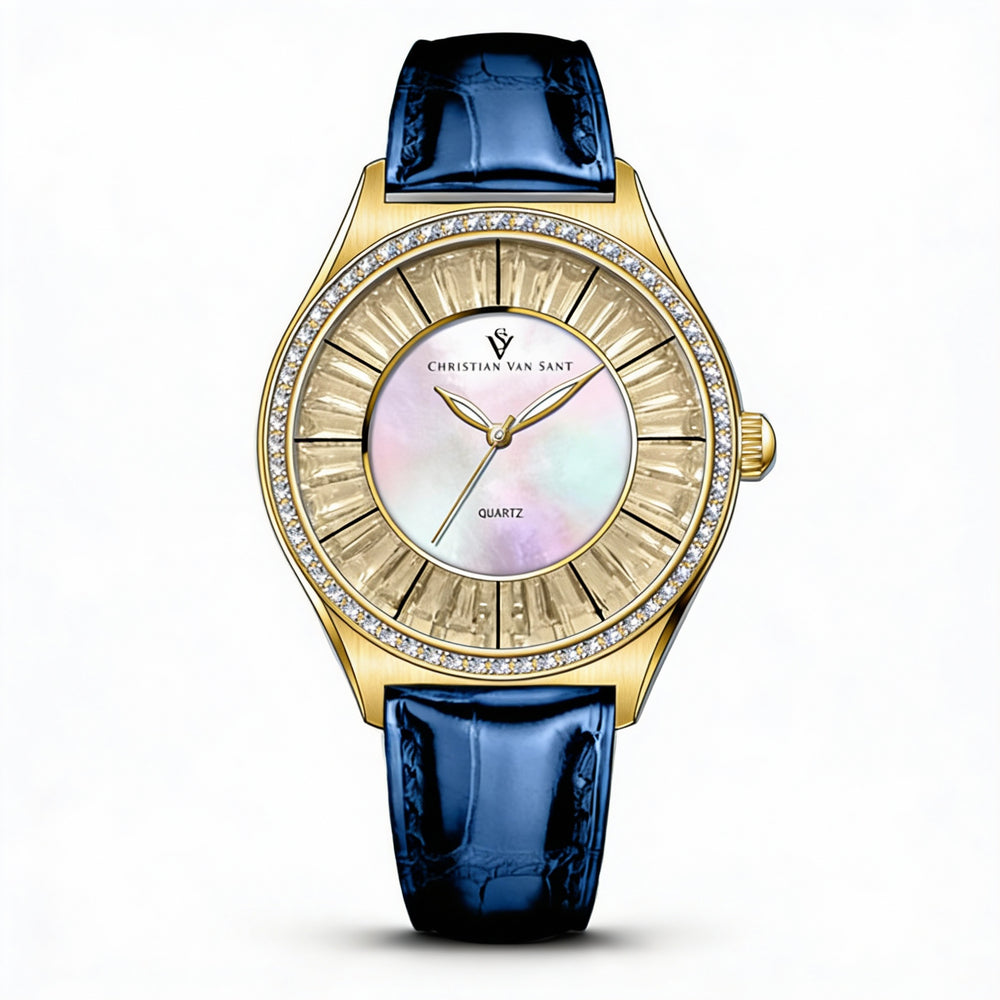 Christian Van Sant Modern Women's Stainless Steel Leather Mother of Pearl Dial Quartz Water Resistant Watch