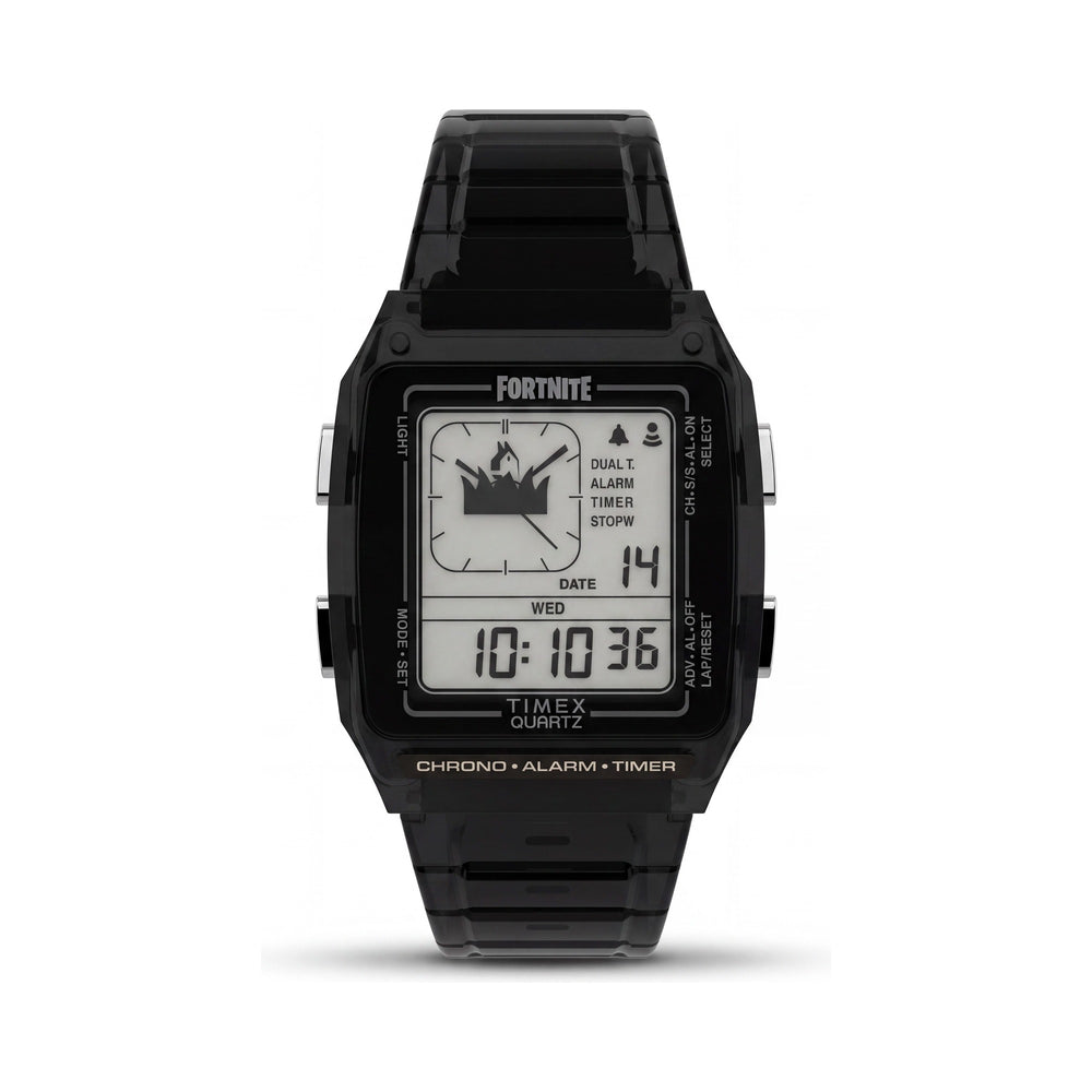 Timex Modern Q Timex LCA Fortnite Edition Reloj Unisex de Resina Negra Translúcida con Doble Pantalla Analógica-Digital y Resistencia al Agua