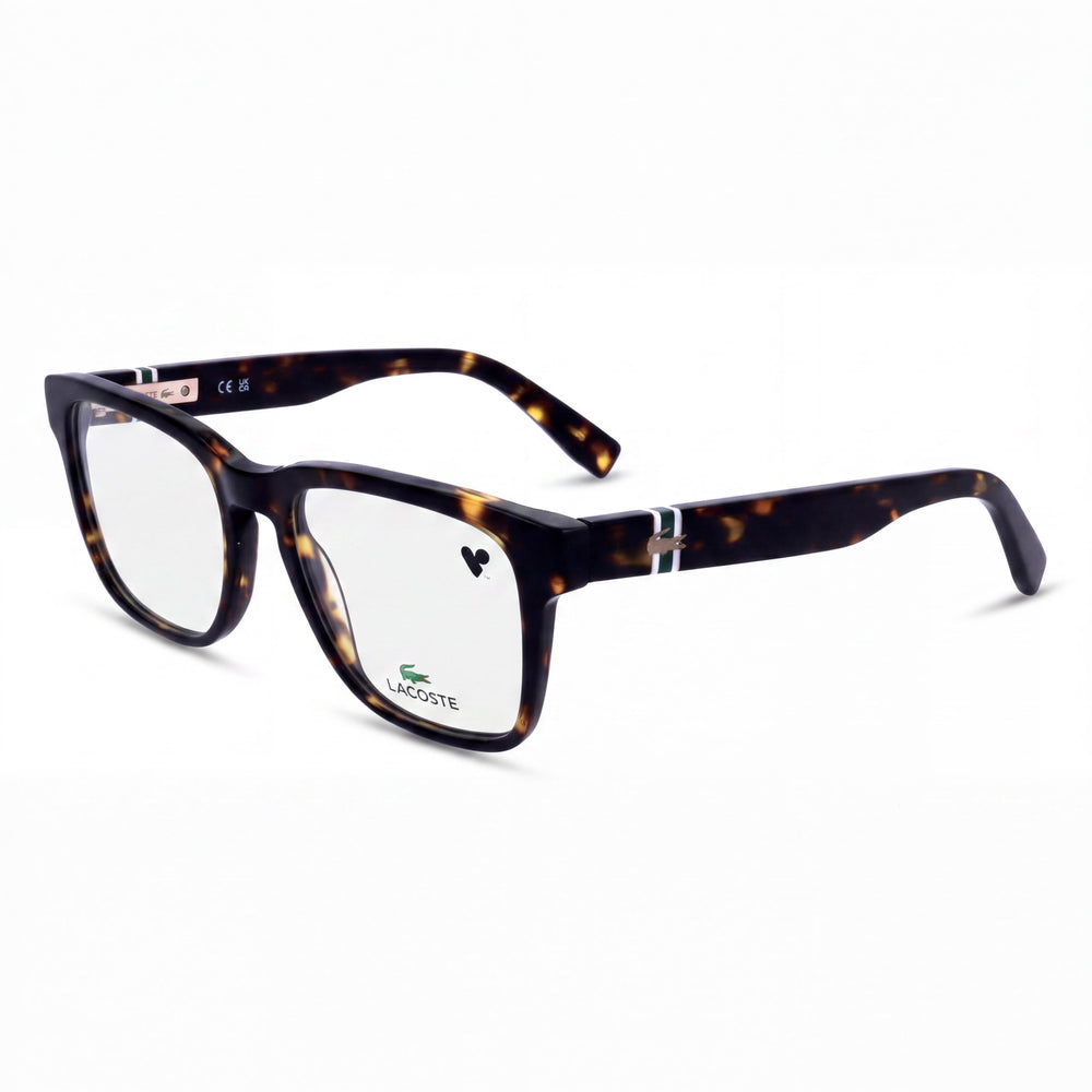 Gafas unisex Lacoste Modern de acetato en color Havana oscuro, 53 mm. Lentes transparentes de demostración, aptas para prescripción médica.