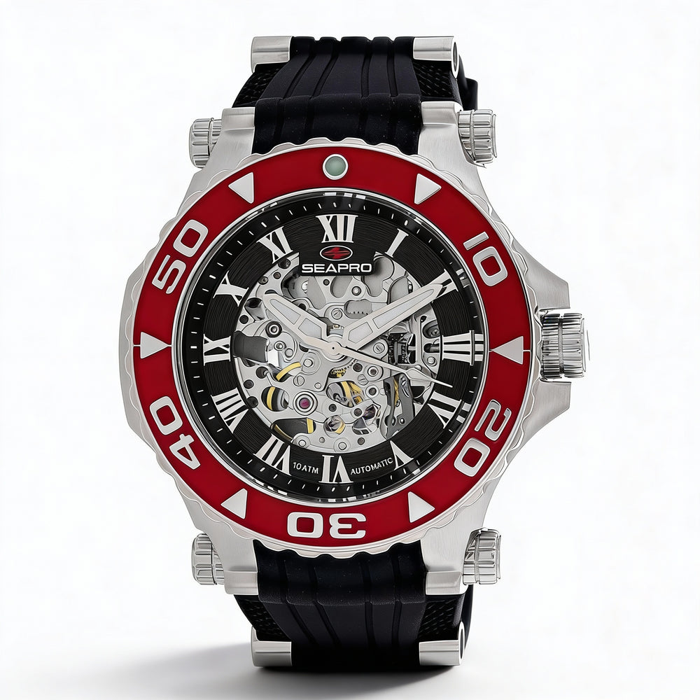 Reloj automático Seapro Modern para hombre con caja de acero inoxidable negro, correa de caucho, resistente al agua y mineral resistente a los arañazos.
