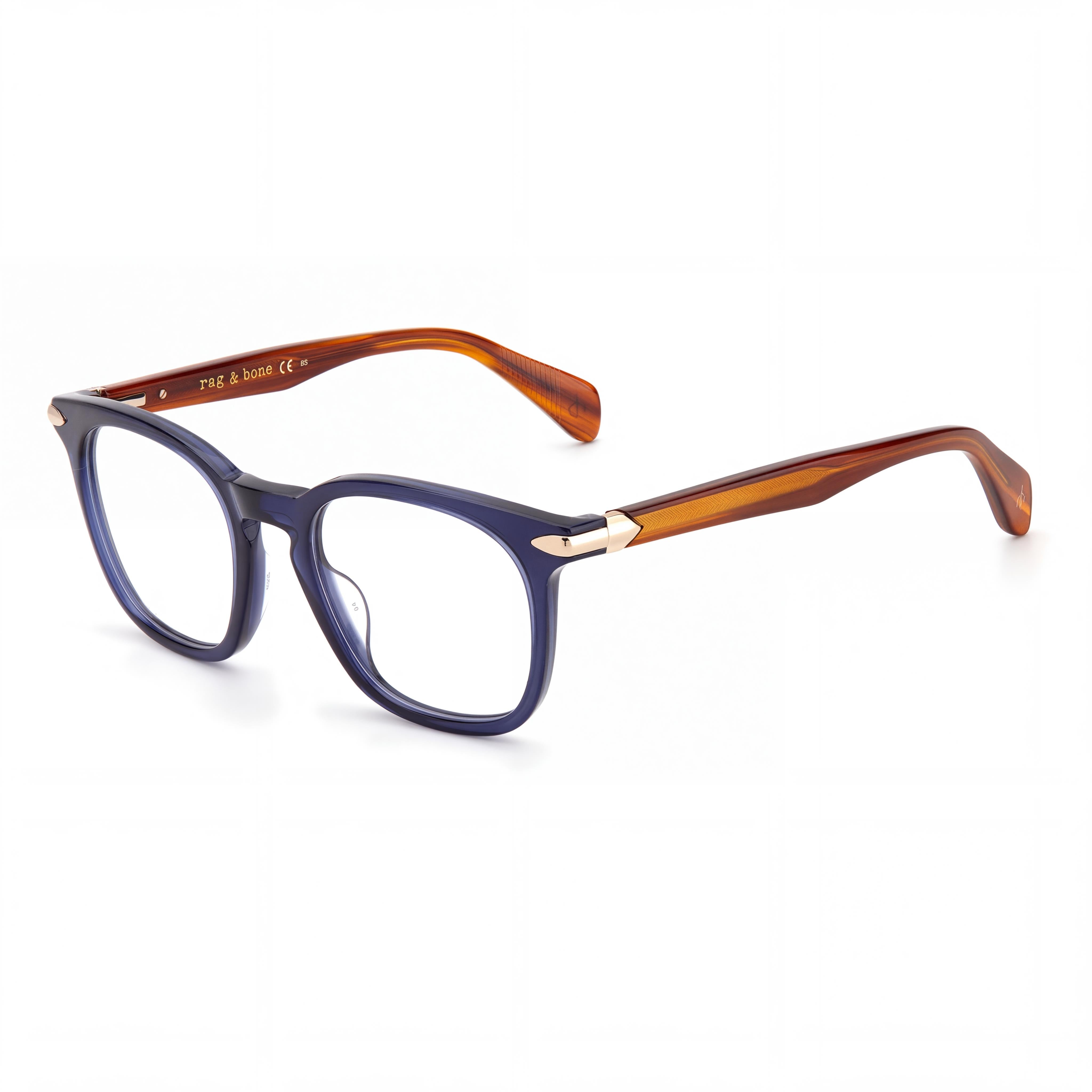 rag & bone Classic Eyeglasses, Unisex Blue Brown Metal Plastic Square Light Adaptive Lenses 50mm, Photo 1