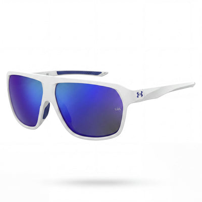 Gafas de sol rectangulares unisex Under Armour Dominate, poliamida blanca mate azul, con espejo UV no polarizado de 62 mm