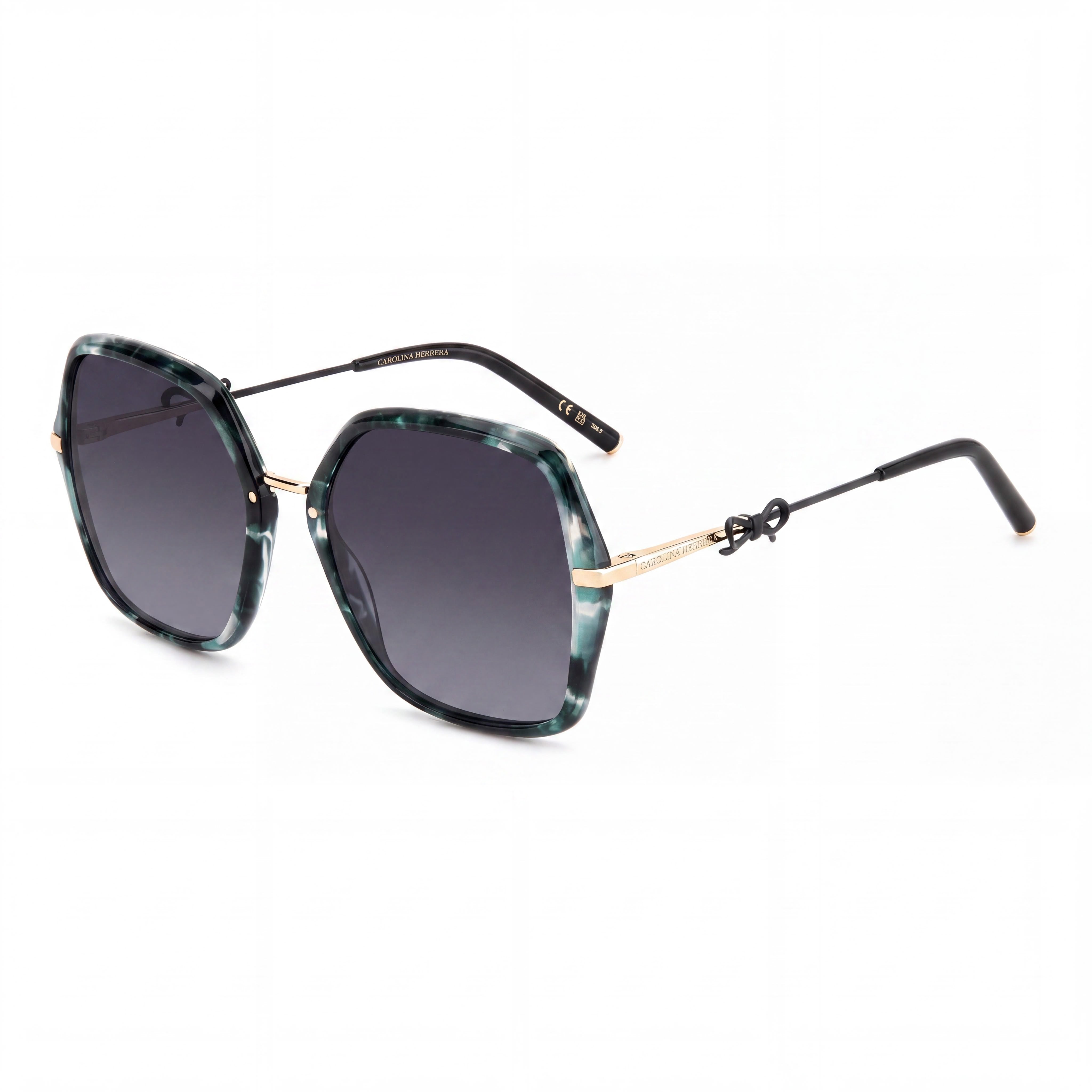 Carolina Herrera Classic Women's Green Marble Gold Metal Dark Grey Shaded Non-Polarized Sunglasses 57mm, Photo 1