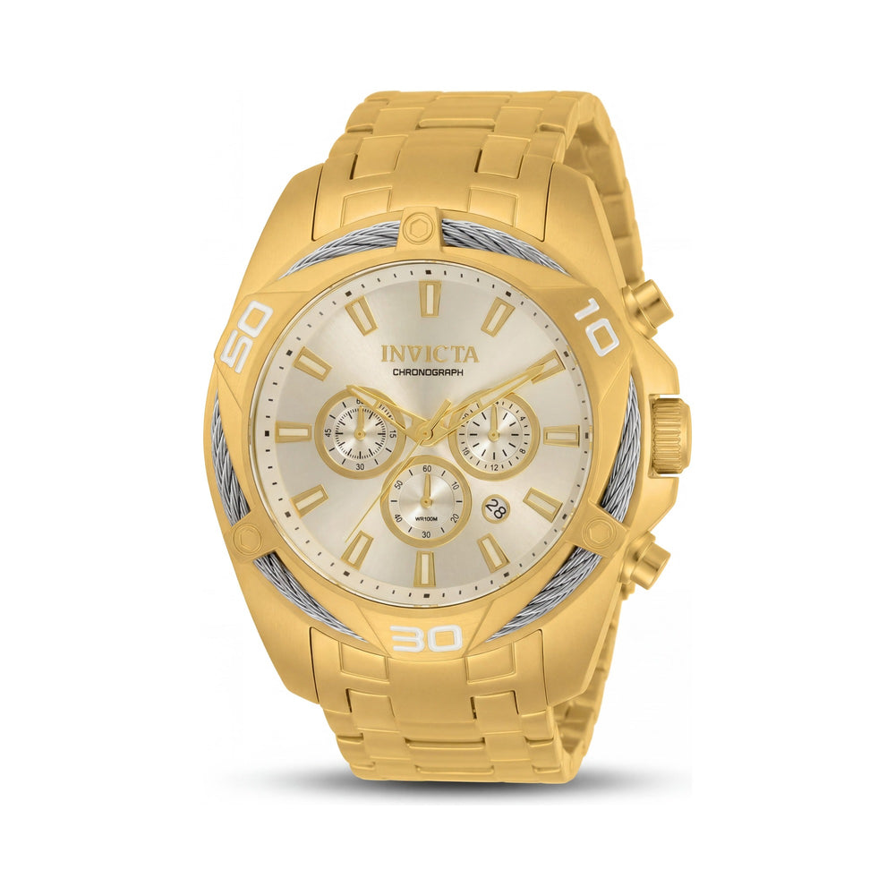 Reloj cronógrafo Invicta Bolt de acero inoxidable dorado para hombre con correa de pulsera, caja de 50 mm y cristal Flame Fusion.