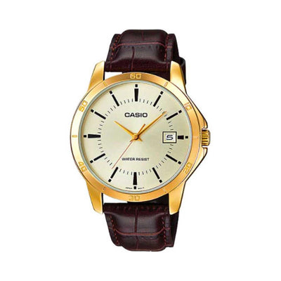Reloj Casio para hombre MTP-V004GL-9A de cuarzo - Caja dorada marrón, correa de cuero marrón, esfera dorada