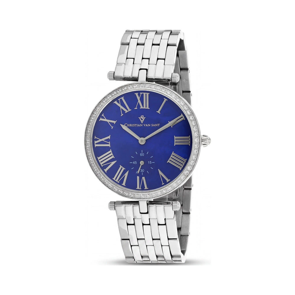 Reloj Christian Van Sant para mujer, de acero inoxidable, resistente al agua, con movimiento de cuarzo, caja color blanco roto y esfera de nácar azul.