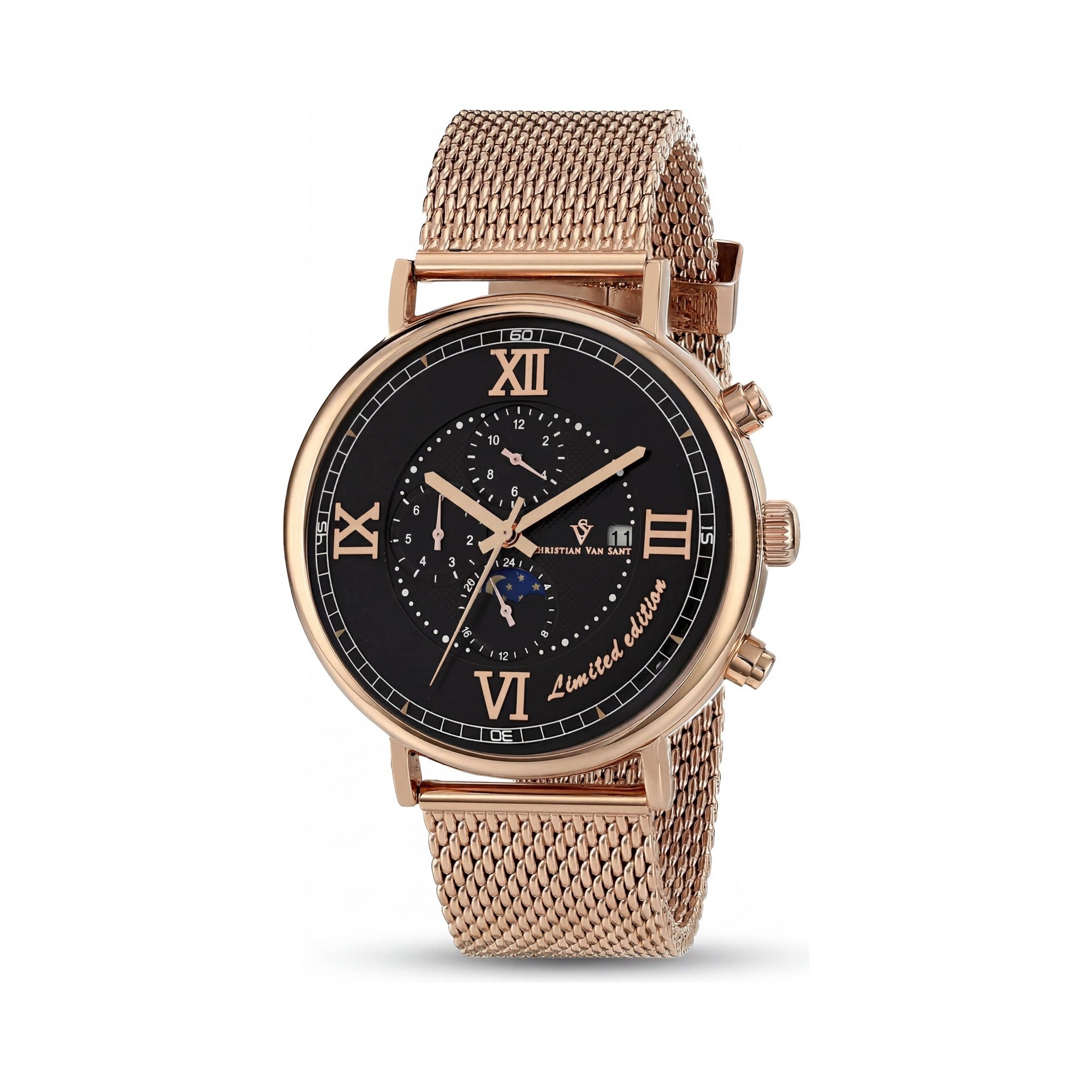 Christian Van Sant Bracelet Men's Black Dial Stainless Steel Mesh Automatic 100m Water Resistant Watch, Photo 1