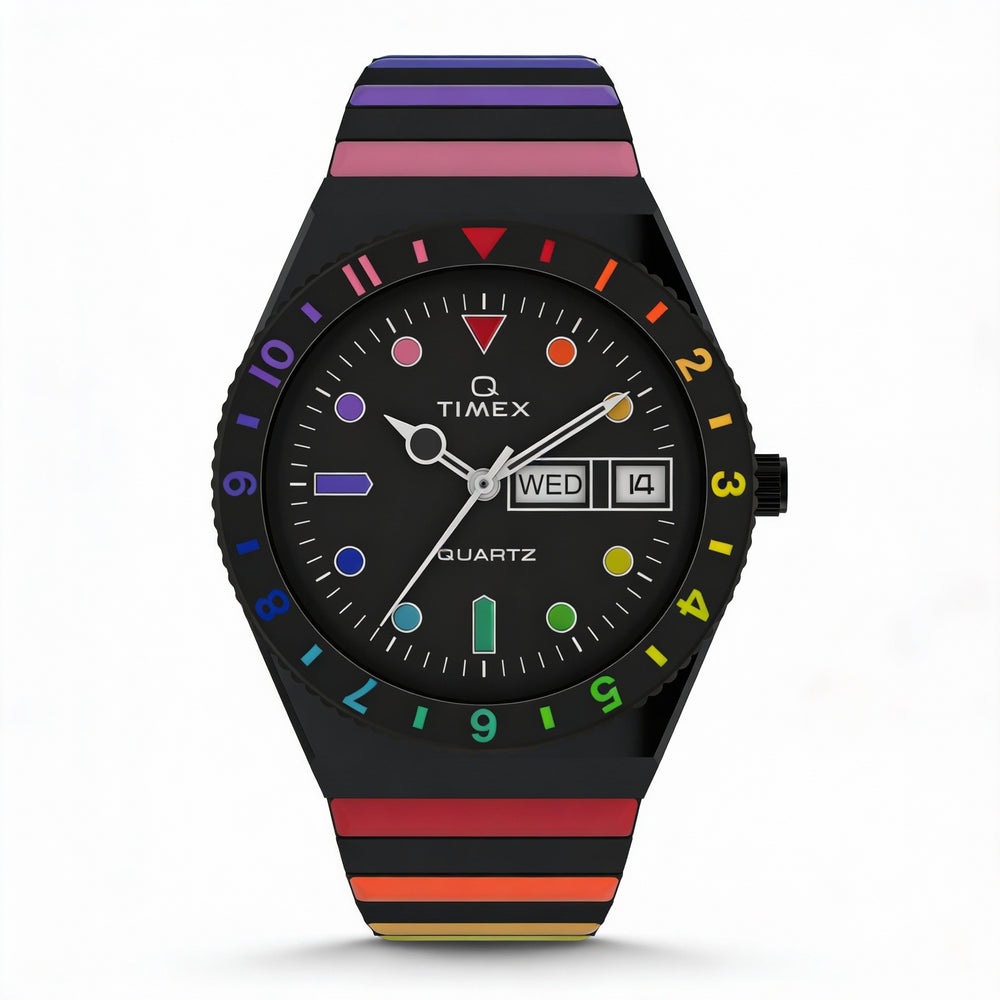 Reloj Timex Q Rainbow de 36 mm para mujer, de acero inoxidable negro, de cuarzo, con cristal mineral, resistente al agua hasta 50 m y correa extensible.