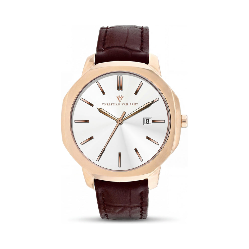 Reloj Christian Van Sant CV0533 para hombre, de acero inoxidable plateado, con correa de cuero y cuarzo, resistente a los golpes