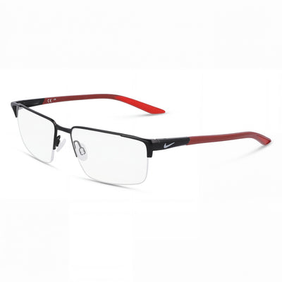 Nike NIKE 8054 Rectangular Metal Eyeglasses Satin Black Matte Team Red Unisex 55mm